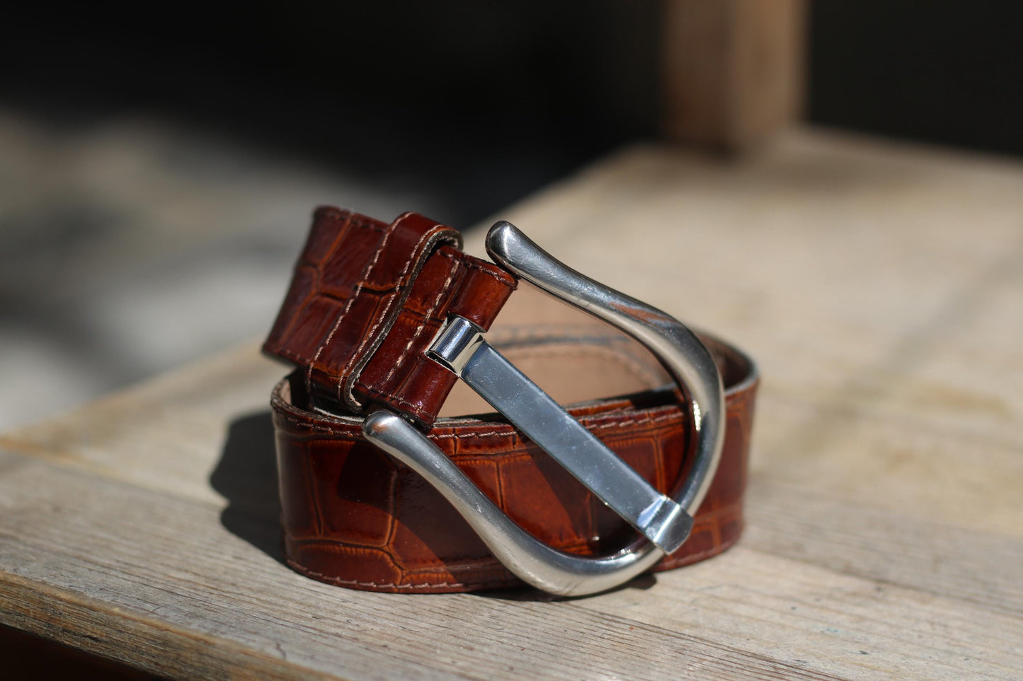 Vintage Croc-Embossed Cognac Leather Belt |