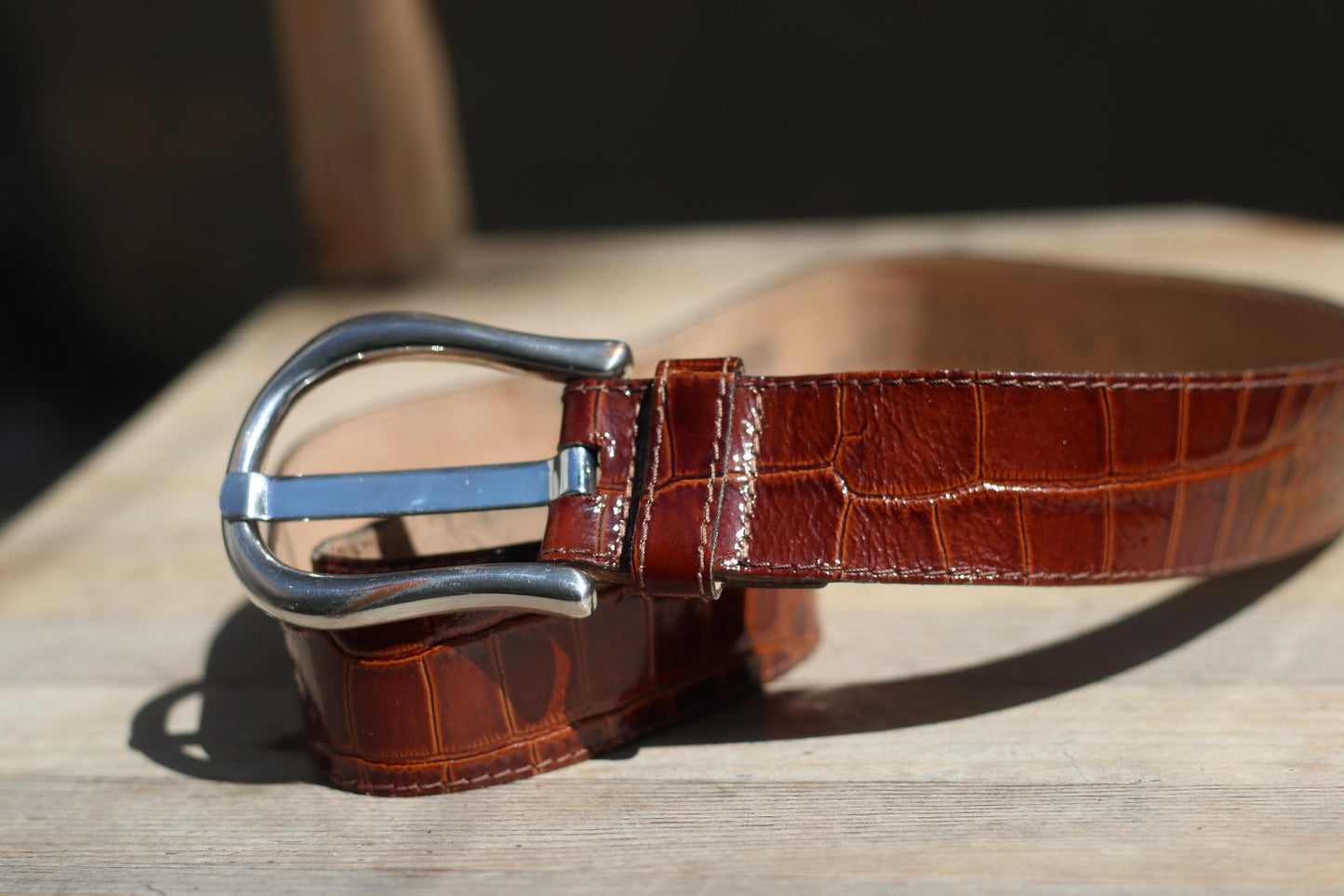 Vintage Croc-Embossed Cognac Leather Belt |