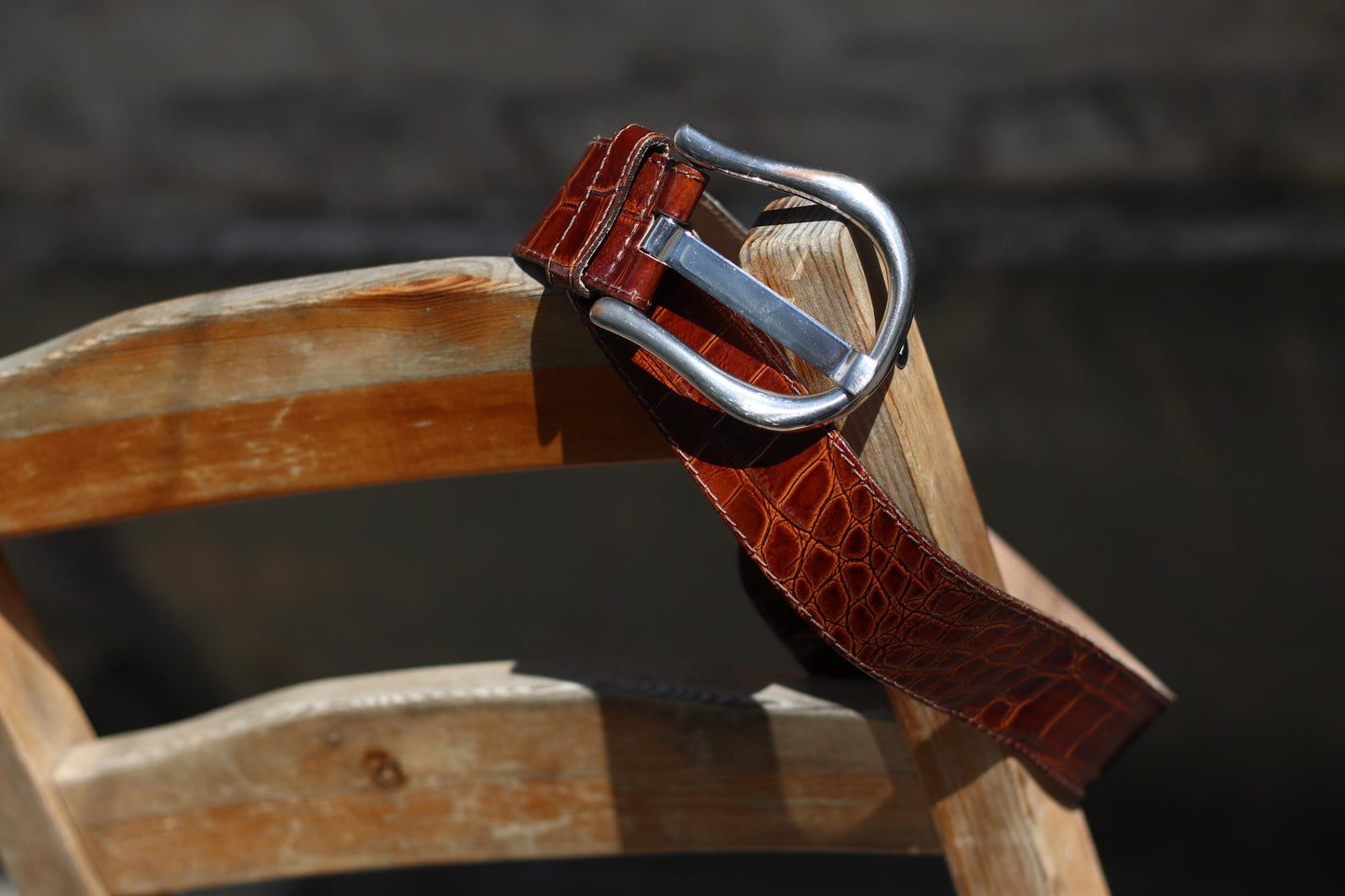 Vintage Croc-Embossed Cognac Leather Belt |