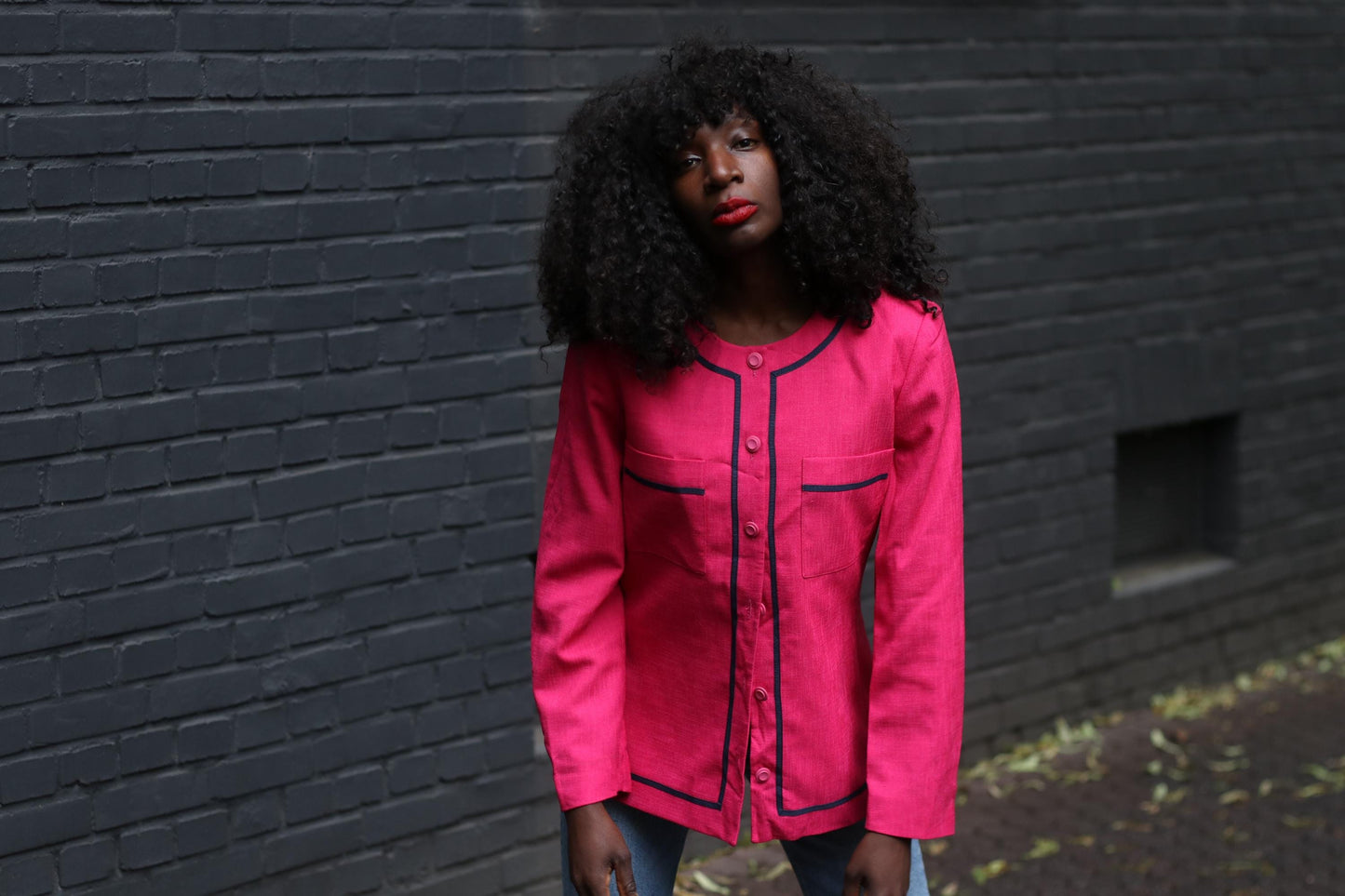 Vintage Pink Blazer 80s | Bold Raspberry Jacket | French Designer | Marcelle Griffon | Navy Trim | Tailored Coat
