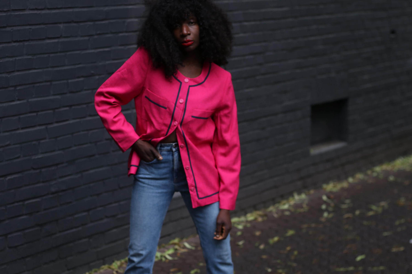 Vintage Pink Blazer 80s | Bold Raspberry Jacket | French Designer | Marcelle Griffon | Navy Trim | Tailored Coat