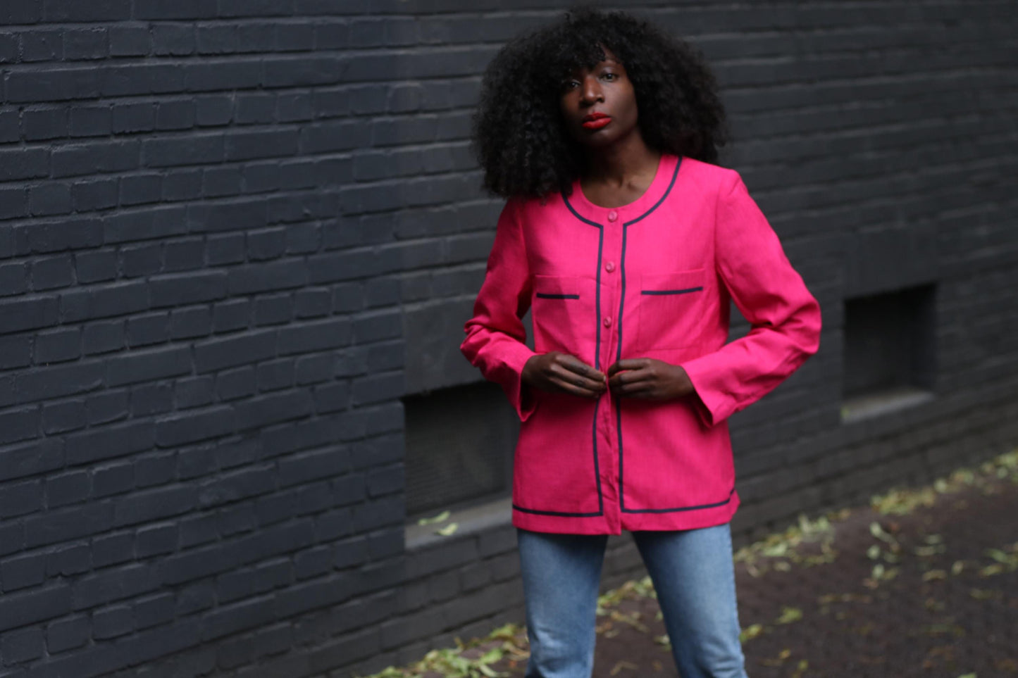 Vintage Pink Blazer 80s | Bold Raspberry Jacket | French Designer | Marcelle Griffon | Navy Trim | Tailored Coat
