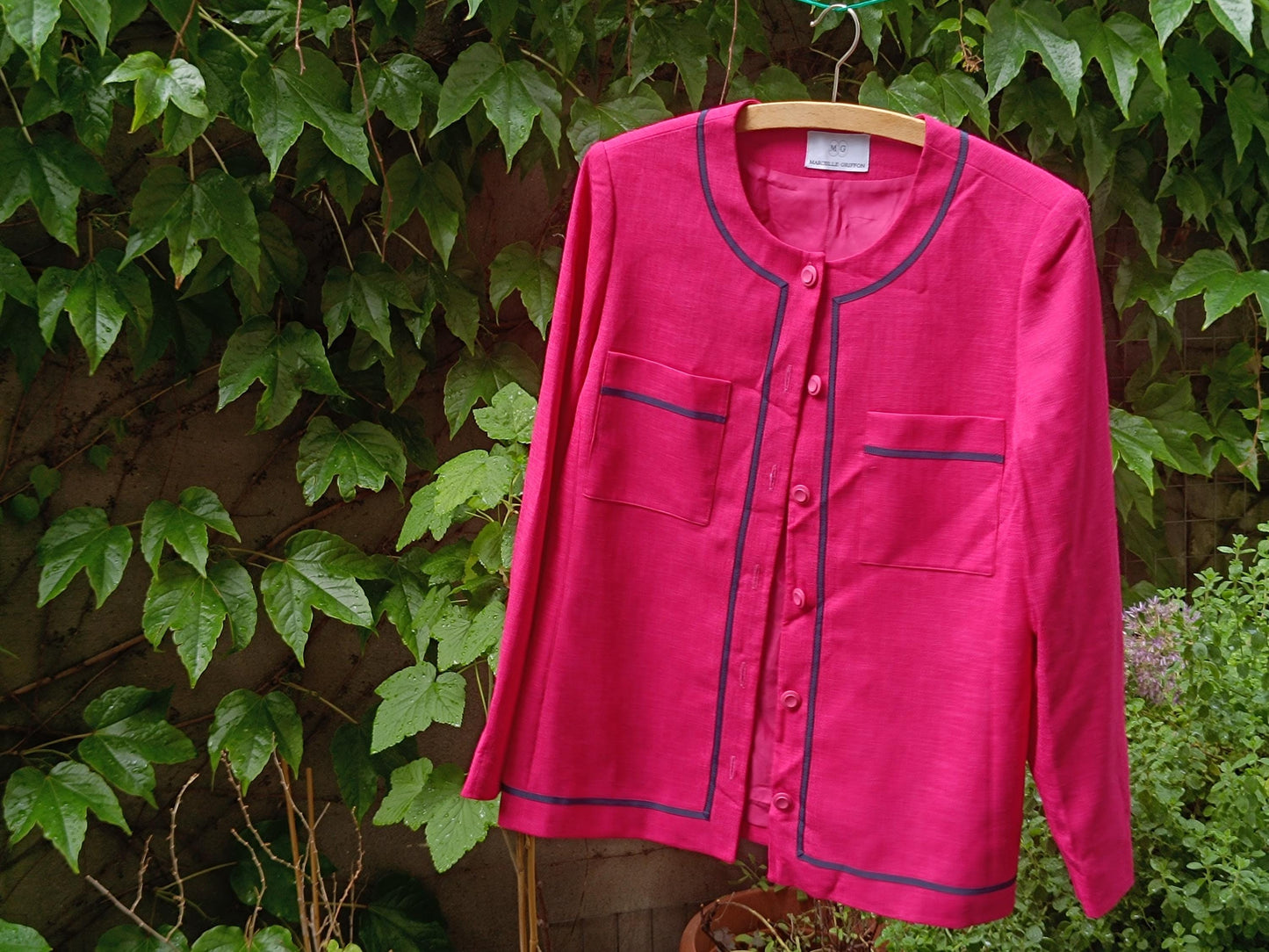 Vintage Pink Blazer 80s | Bold Raspberry Jacket | French Designer | Marcelle Griffon | Navy Trim | Tailored Coat