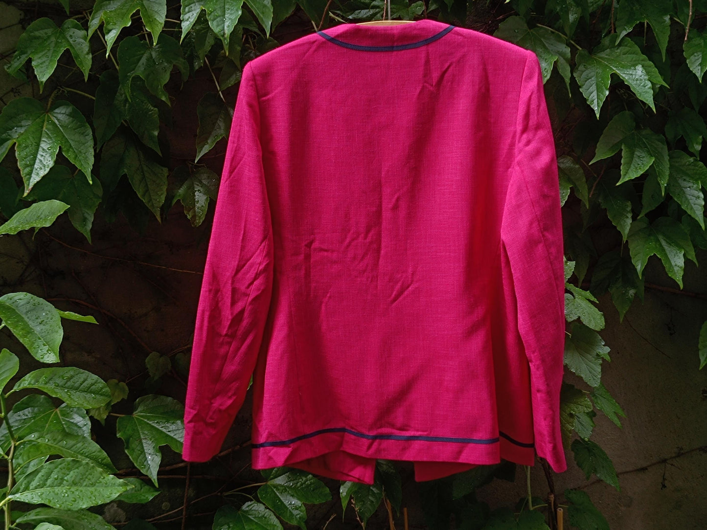 Vintage Pink Blazer 80s | Bold Raspberry Jacket | French Designer | Marcelle Griffon | Navy Trim | Tailored Coat