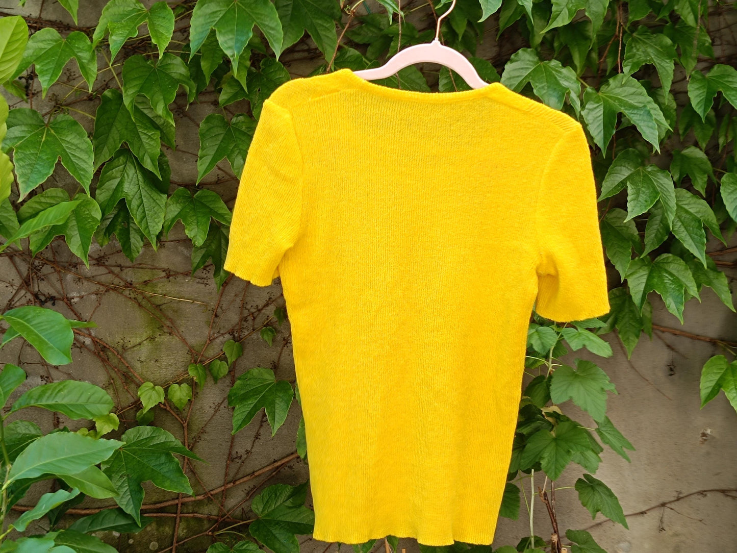 Back view of a Retro-style vintage yellow short sleeved top photographed hanging on a clothing line outdoors against green leafy background
