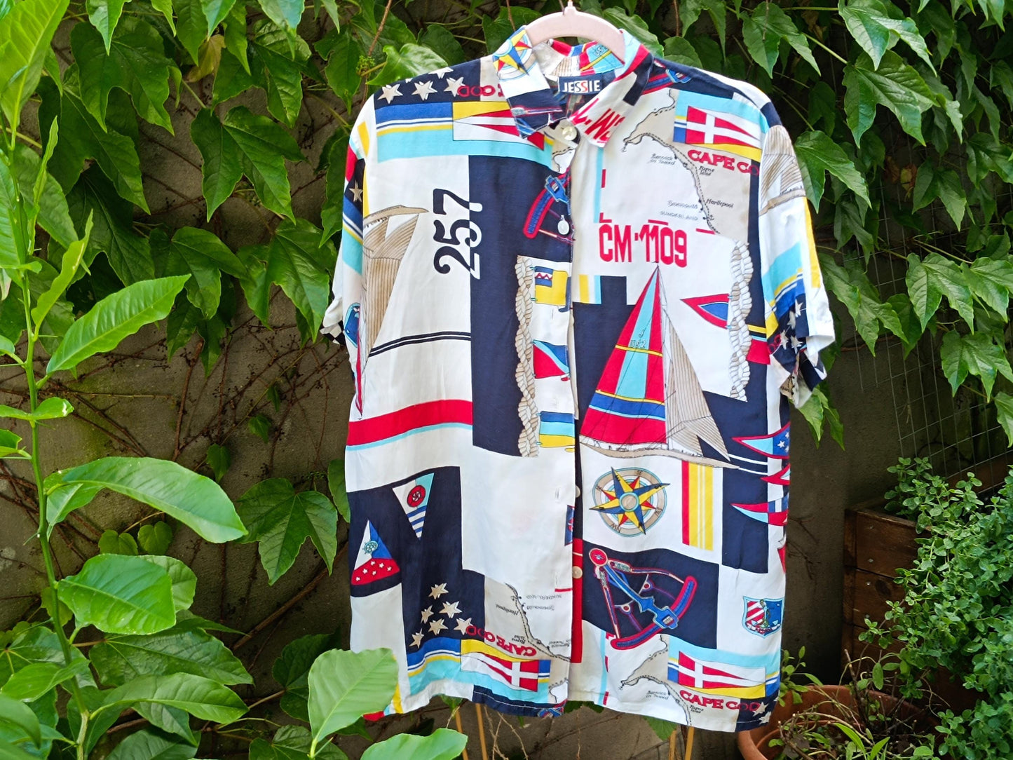 Vintage Nautical Shirt 90s Sailing Print Short Sleeve Button Up Cape Cod Map M/L