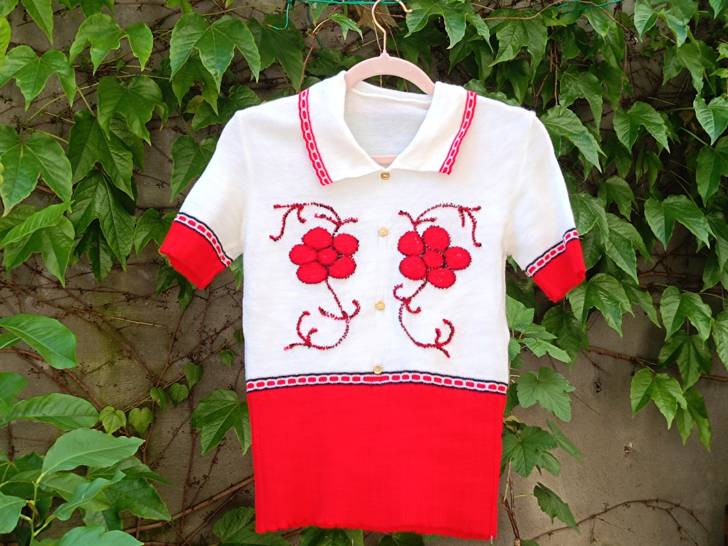 A vintage red and white knit polo blouse with floral embroidery and short sleeves photographed hanging on a clothing line in a garden against a backdrop of green leaves