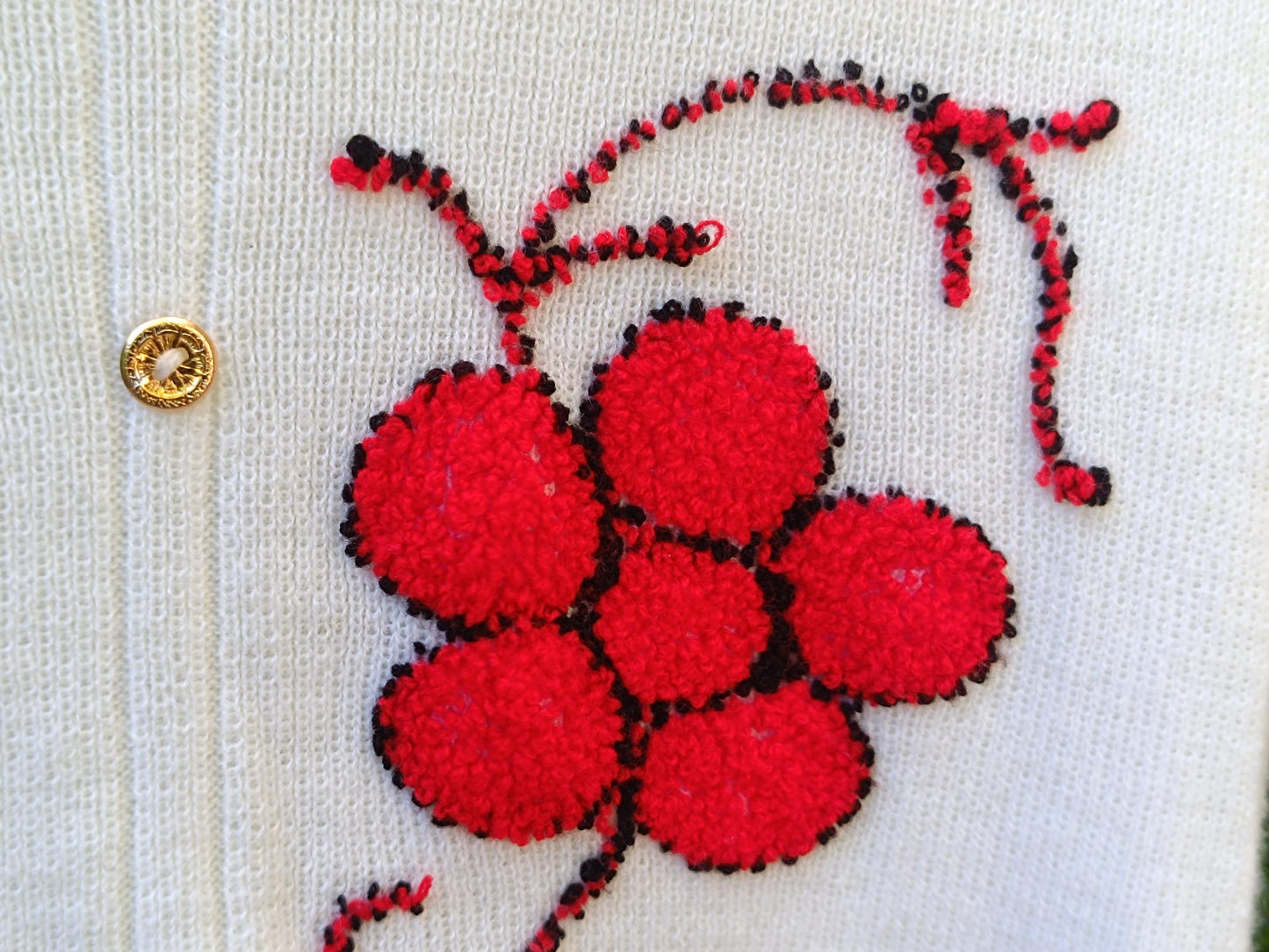 Vintage 70s Red White Polo Shirt | Embroidered Knit Top | Short Sleeve Cottagecore Blouse Floral Detail