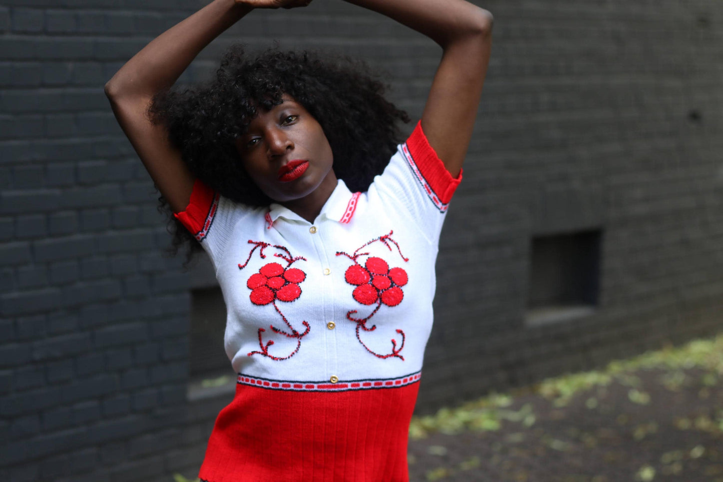Vintage 70s Red White Polo Shirt | Embroidered Knit Top | Short Sleeve Cottagecore Blouse Floral Detail