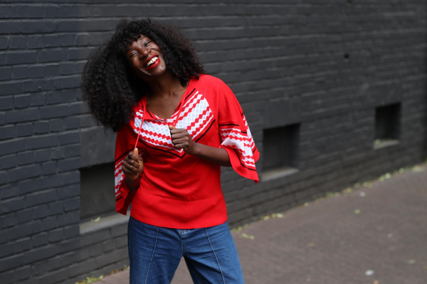 Vintage 70s Red Knit Top| Chevron V-Neck Bell Sleeve Sweater, Boho Festival Jumper, Hippie Retro Pullover, Flowy Knit Statement