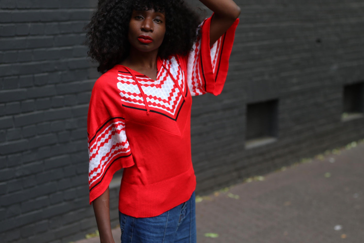 Vintage 70s Red Knit Top| Chevron V-Neck Bell Sleeve Sweater, Boho Festival Jumper, Hippie Retro Pullover, Flowy Knit Statement