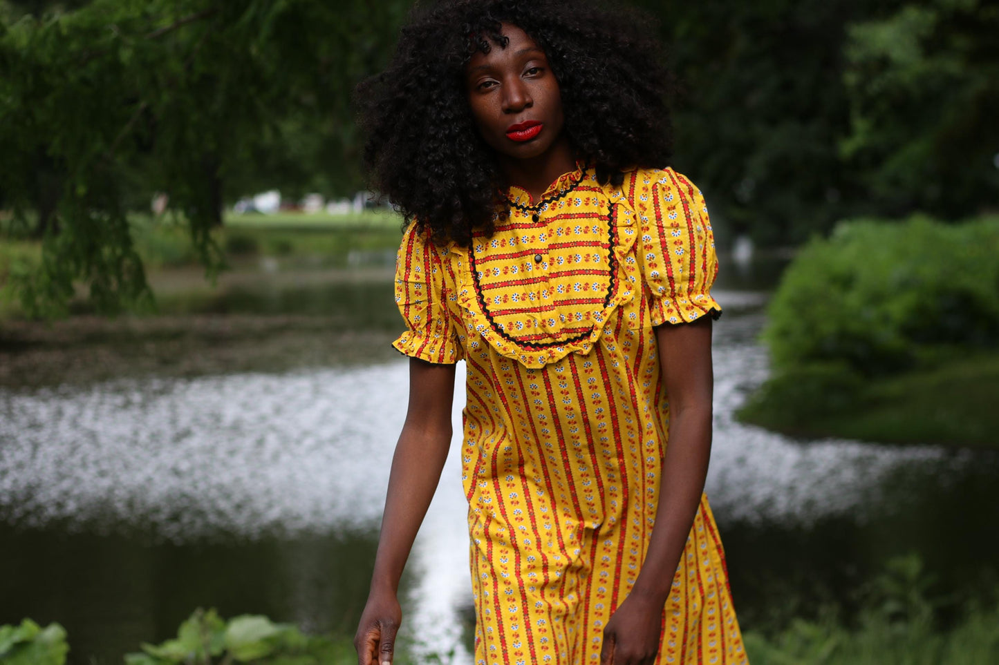 Vintage 70s Prairie Dress β Yellow Floral Stripe Ruffle Collar Dress, Cottagecore Picnic Dress, Puff Sleeve Summer Midi, Boho Folk Style