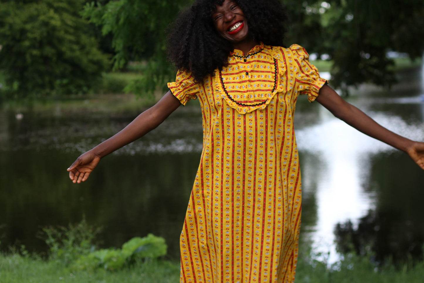 Vintage 70s Prairie Dress β Yellow Floral Stripe Ruffle Collar Dress, Cottagecore Picnic Dress, Puff Sleeve Summer Midi, Boho Folk Style