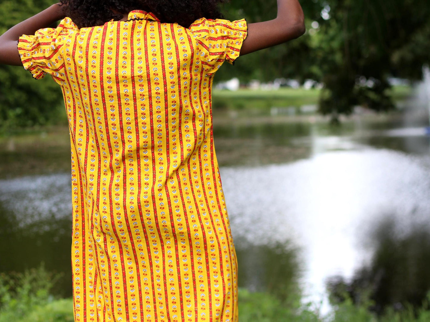 Vintage 70s Prairie Dress β Yellow Floral Stripe Ruffle Collar Dress, Cottagecore Picnic Dress, Puff Sleeve Summer Midi, Boho Folk Style