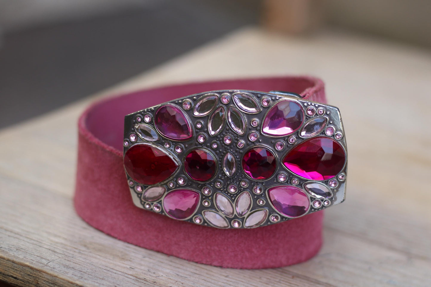 Vintage Pink Suede Esprit Belt | Y2K Statement Gem Buckle | Magenta Leather Waist Belt | Made in Italy | 2000s Glam Accessory