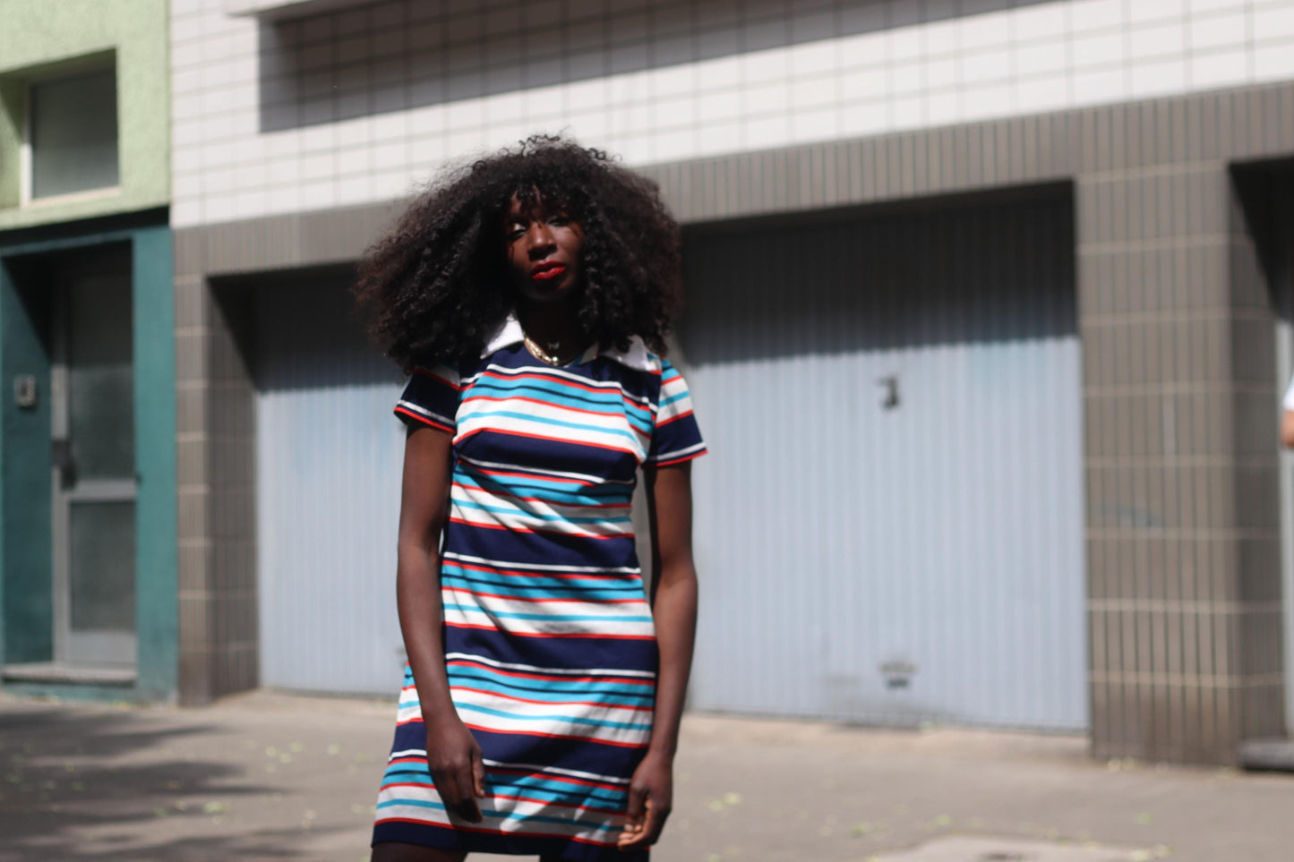 70s Handmade striped dress with statement collar | Vintage Mini Dress with statement stripes