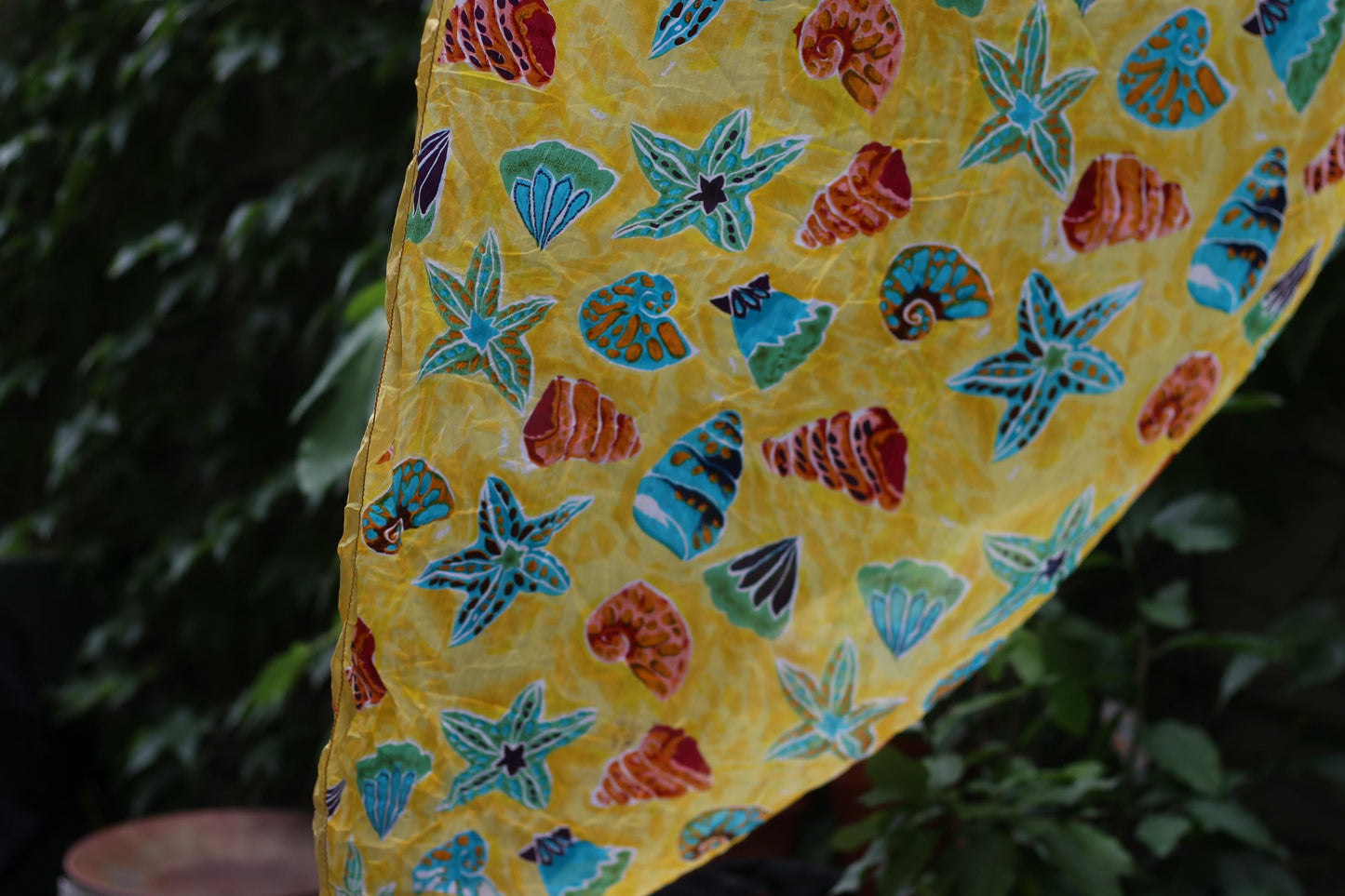 Vintage Silk Seashell Scarf | Yellow Ocean Print Foulard | Coastal Resort Wear | Lightweight Summer Beach Accessory