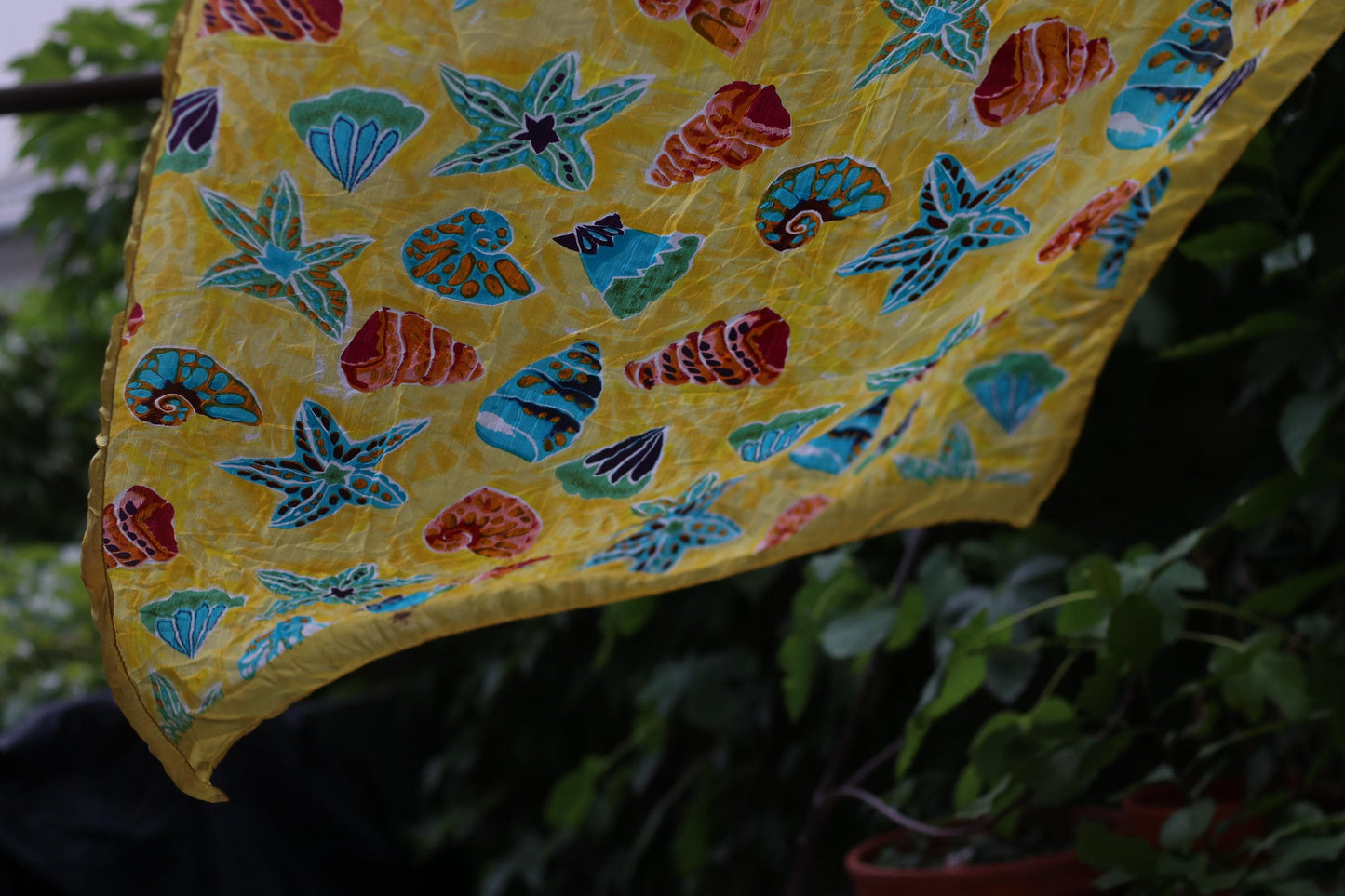Vintage Silk Seashell Scarf | Yellow Ocean Print Foulard | Coastal Resort Wear | Lightweight Summer Beach Accessory
