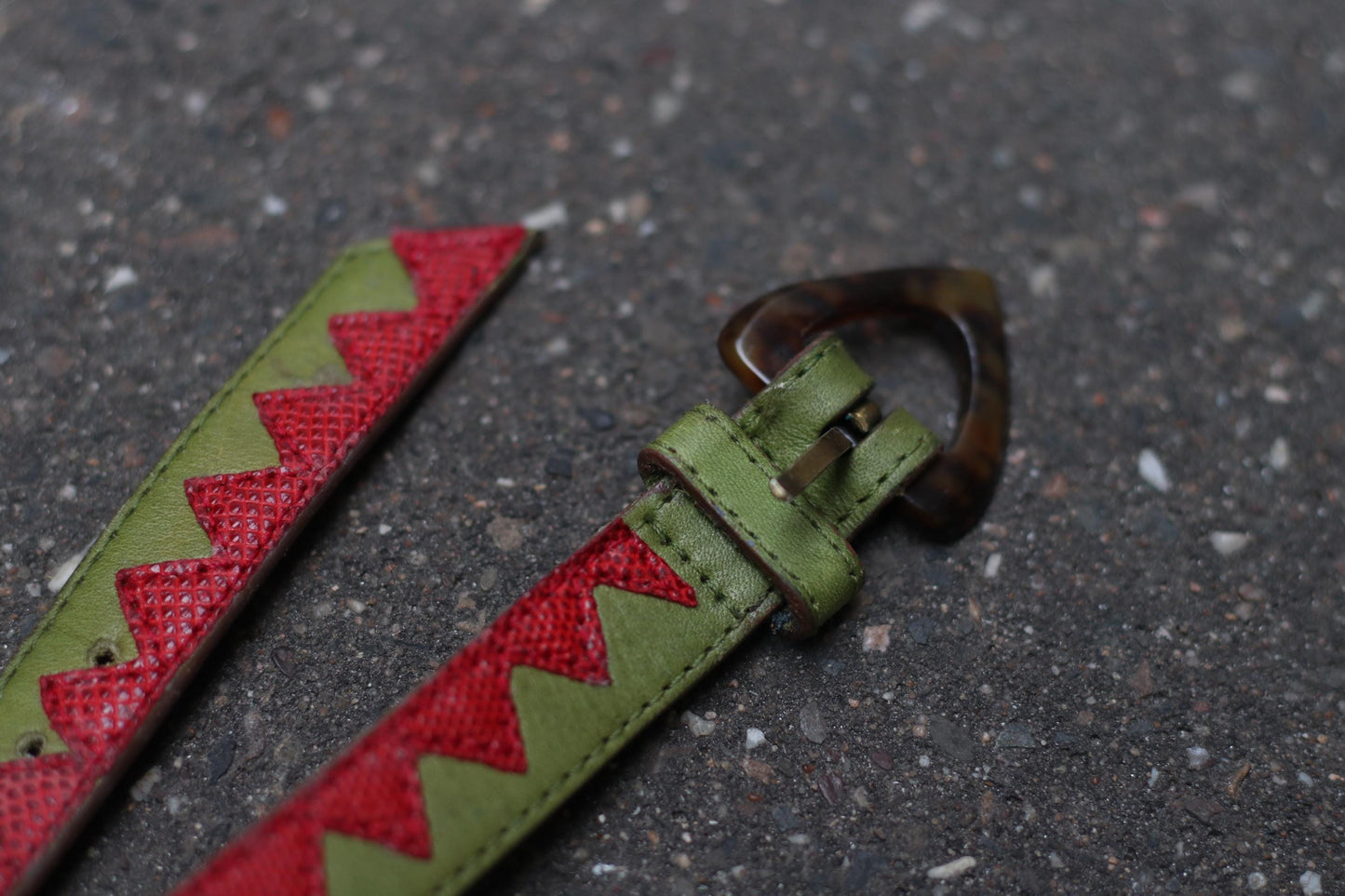 Vintage Red Green Chevron Leather Belt | Tortoiseshell Buckle | Bold Graphic Waist Belt | Unique Statement Accessory