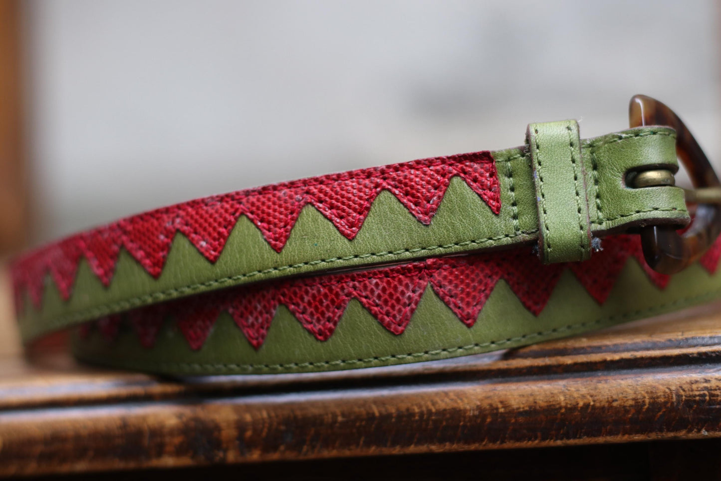 Vintage Red Green Chevron Leather Belt | Tortoiseshell Buckle | Bold Graphic Waist Belt | Unique Statement Accessory