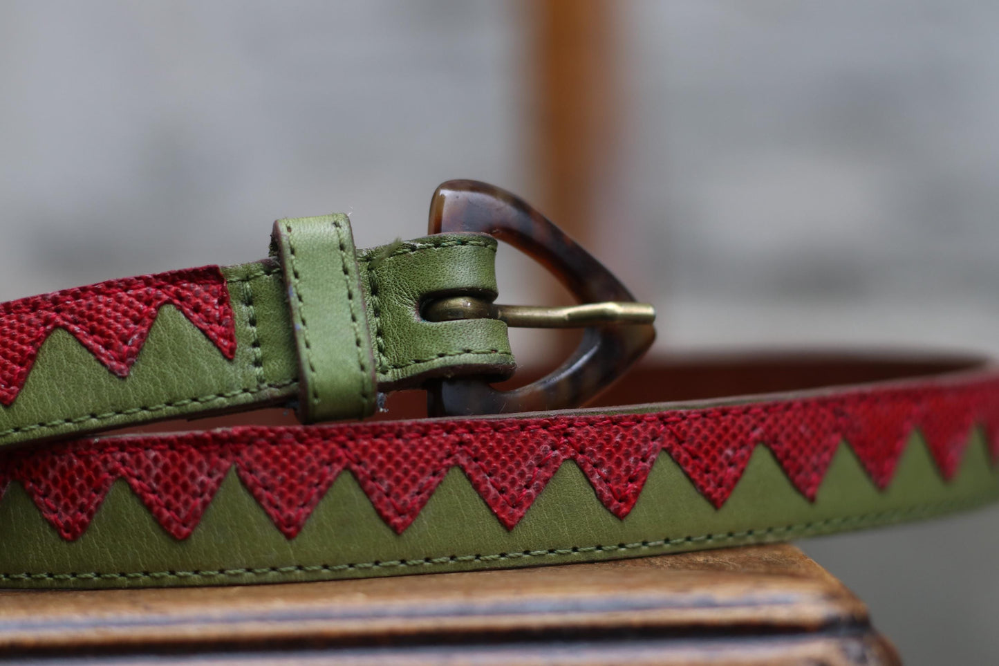 Vintage Red Green Chevron Leather Belt | Tortoiseshell Buckle | Bold Graphic Waist Belt | Unique Statement Accessory