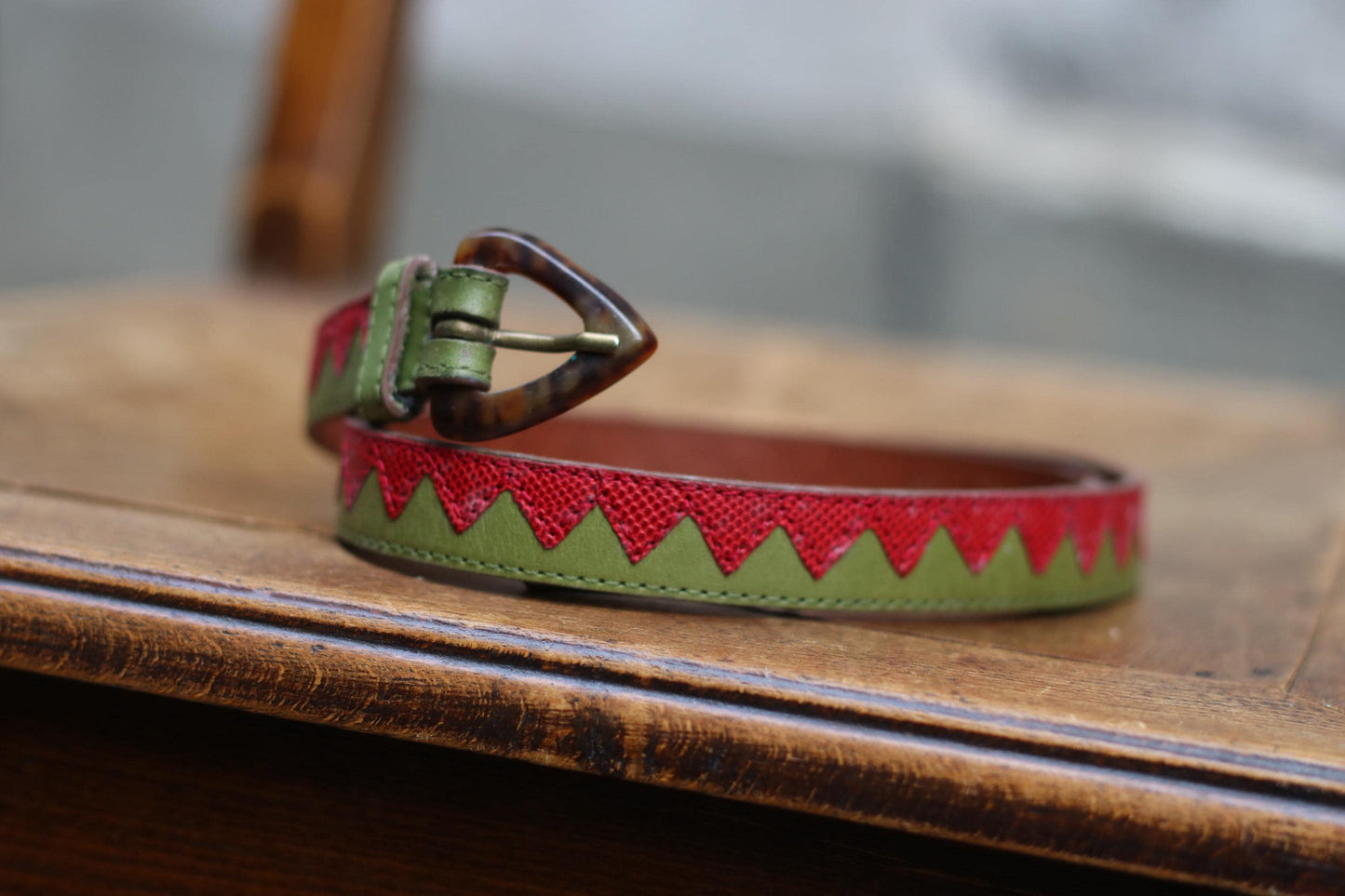 Vintage Red Green Chevron Leather Belt | Tortoiseshell Buckle | Bold Graphic Waist Belt | Unique Statement Accessory