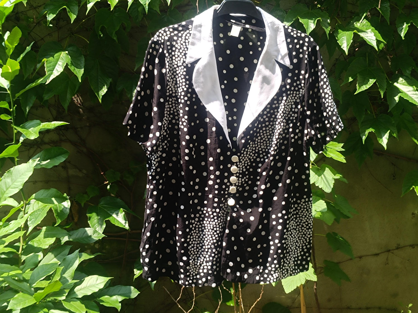 Vintage Polka Dot Blouse | 90s Black White Short Sleeve Shirt | Retro Collar Print Top | Unisex Minimalist Button-Up | Size M