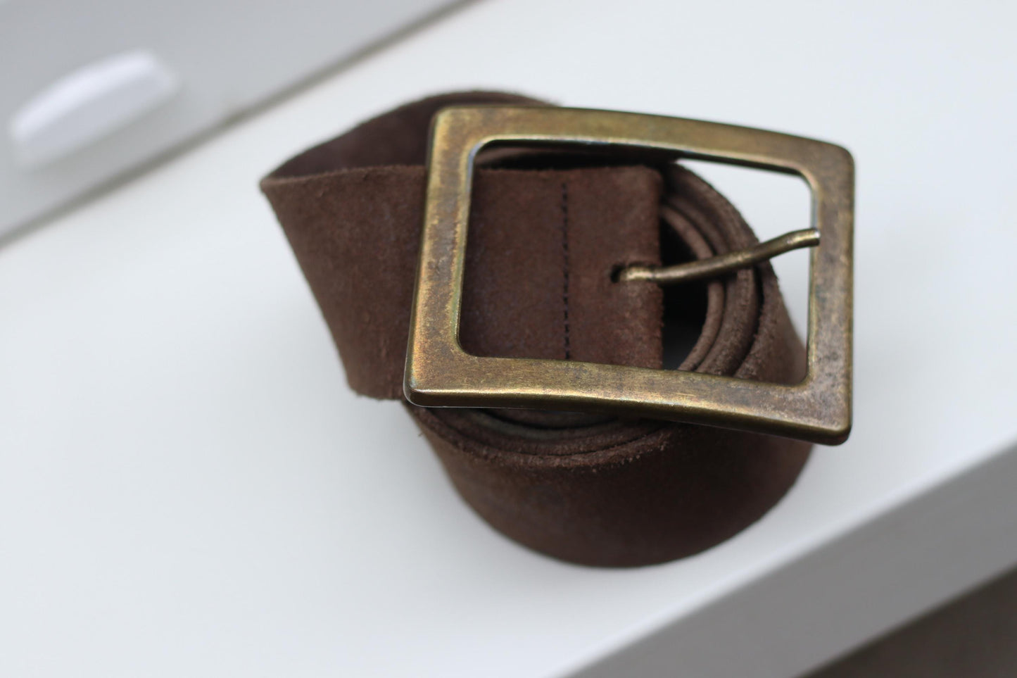 Vintage Brown Suede Belt | Wide Leather Waist Belt with Gold Square Buckle | 70s Western Boho Style |