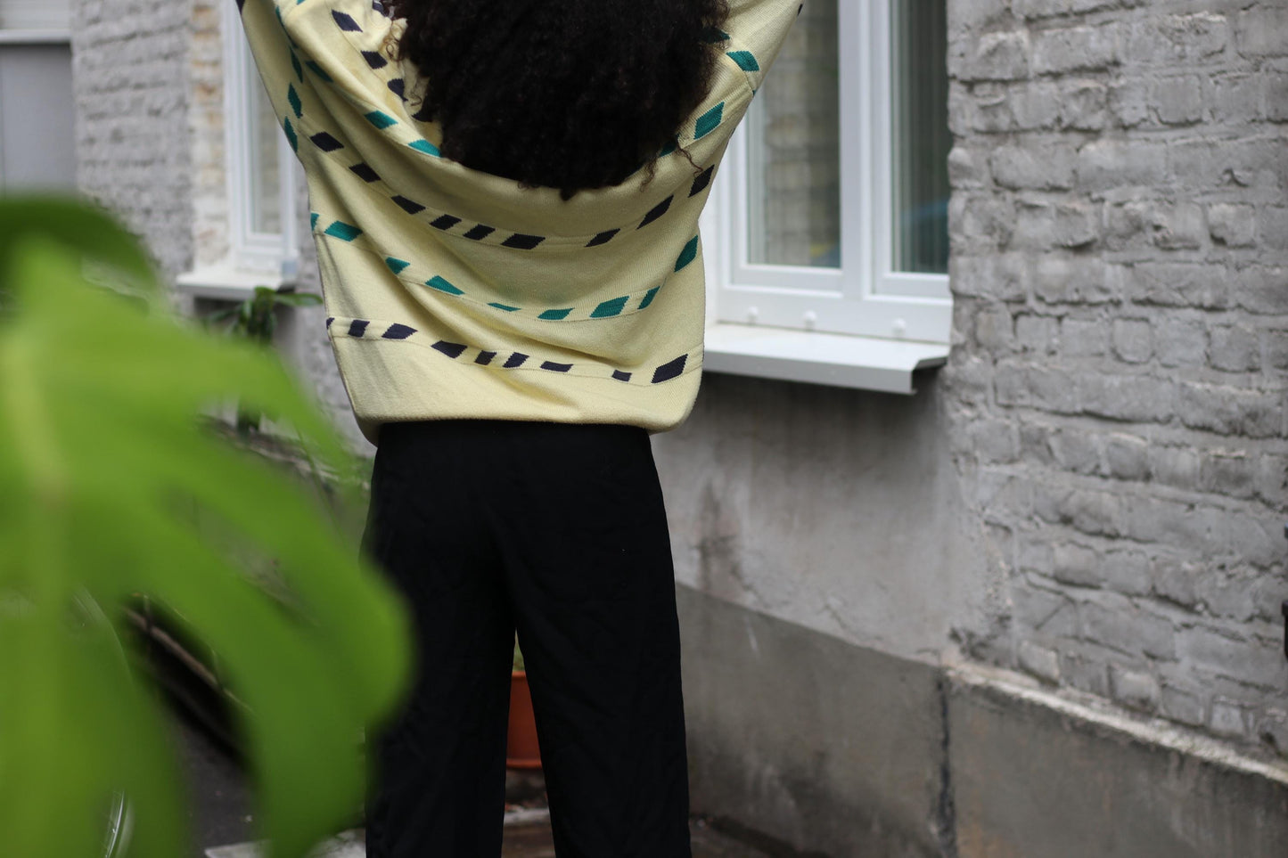 Vintage 90s Oversized Pastel Yellow Sweater, Teal & Navy Geometric Stripe Knit, Cozy Cottagecore Academia Aesthetic