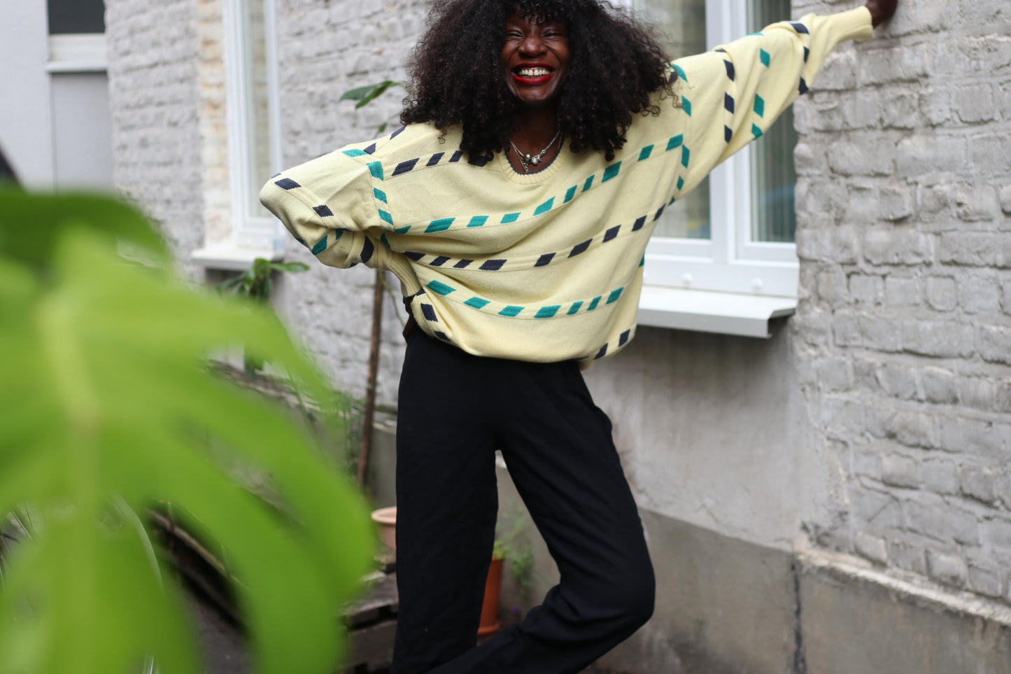 Vintage 90s Oversized Pastel Yellow Sweater, Teal & Navy Geometric Stripe Knit, Cozy Cottagecore Academia Aesthetic