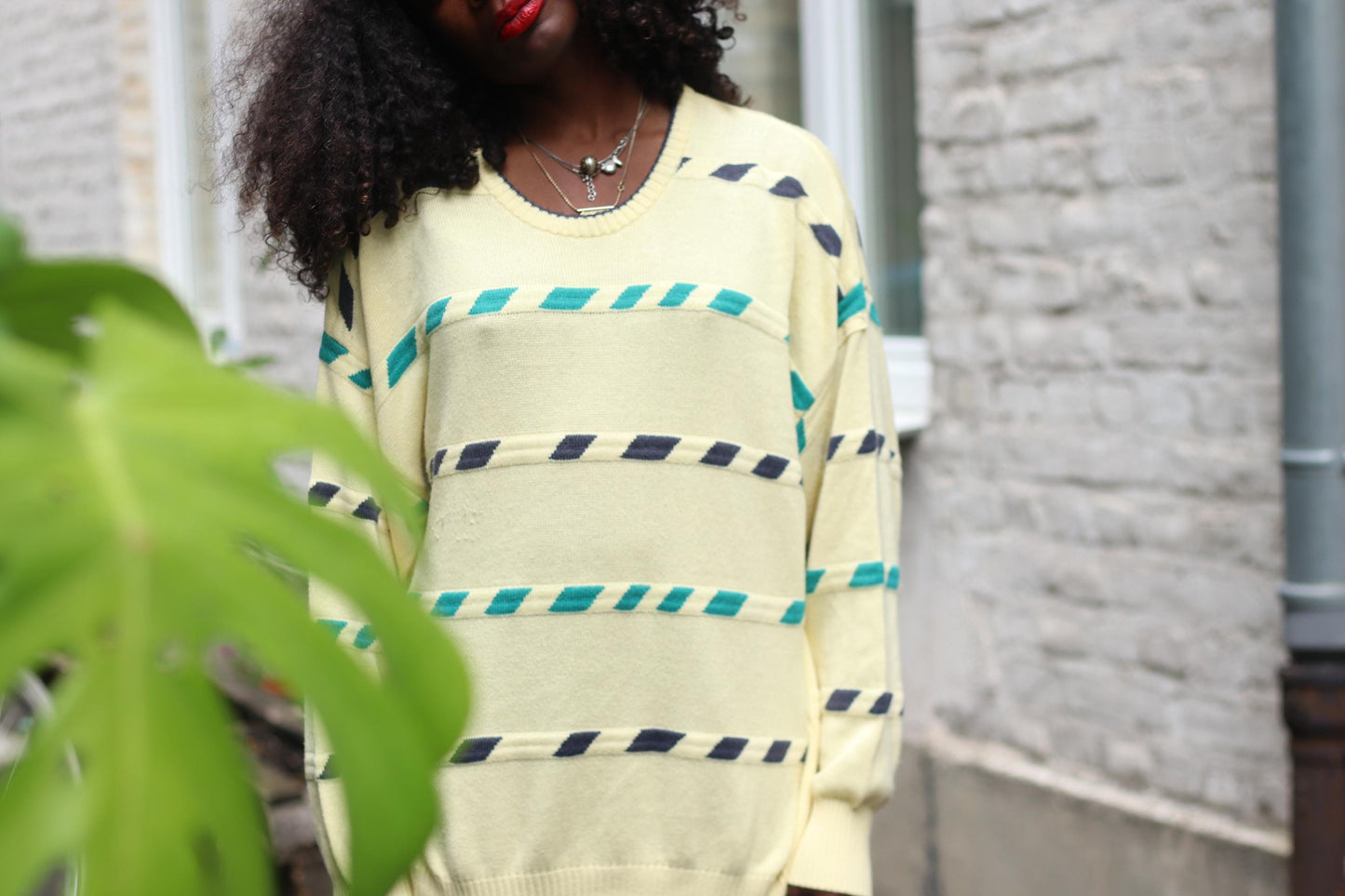 Vintage 90s Oversized Pastel Yellow Sweater, Teal & Navy Geometric Stripe Knit, Cozy Cottagecore Academia Aesthetic