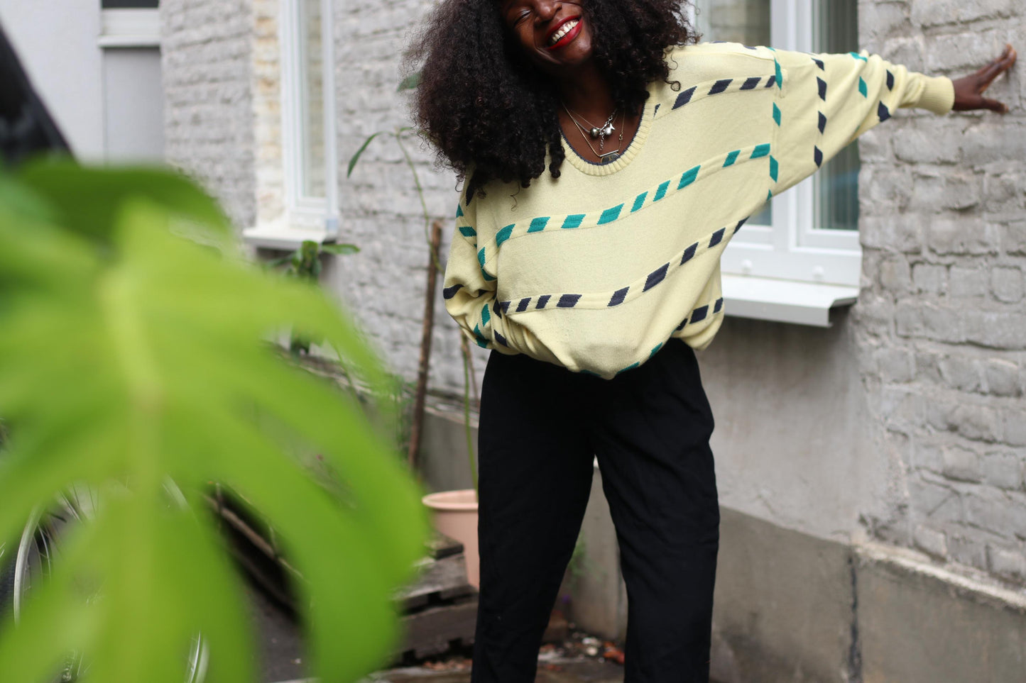 Vintage 90s Oversized Pastel Yellow Sweater, Teal & Navy Geometric Stripe Knit, Cozy Cottagecore Academia Aesthetic