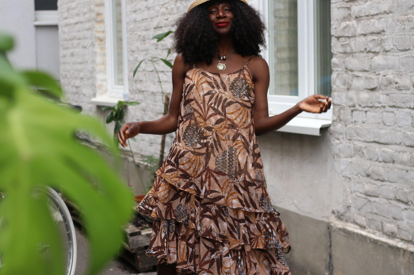 Vintage 90s Ruffle Slip Dress | Tropical Print Midi | Boho Sheer Layers | Earth Tones Festival Dress | Adjustable Straps | Size M/L