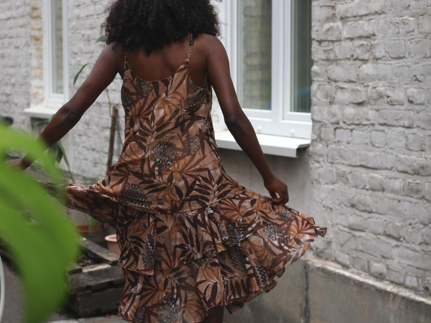 Vintage 90s Ruffle Slip Dress | Tropical Print Midi | Boho Sheer Layers | Earth Tones Festival Dress | Adjustable Straps | Size M/L