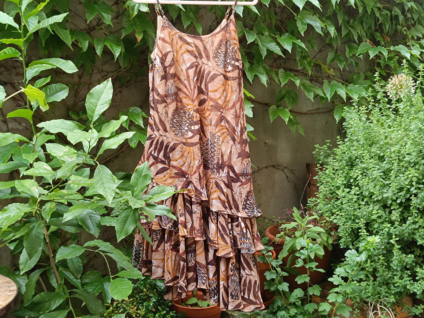 Vintage 90s Ruffle Slip Dress | Tropical Print Midi | Boho Sheer Layers | Earth Tones Festival Dress | Adjustable Straps | Size M/L