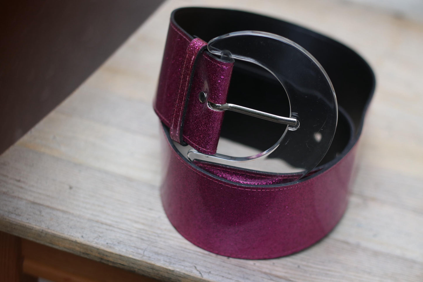 Y2K Magenta Glitter Belt, Wide Black Leather, Clear Half-Moon Buckle, Early 2000s Statement Accessory, Party Festival