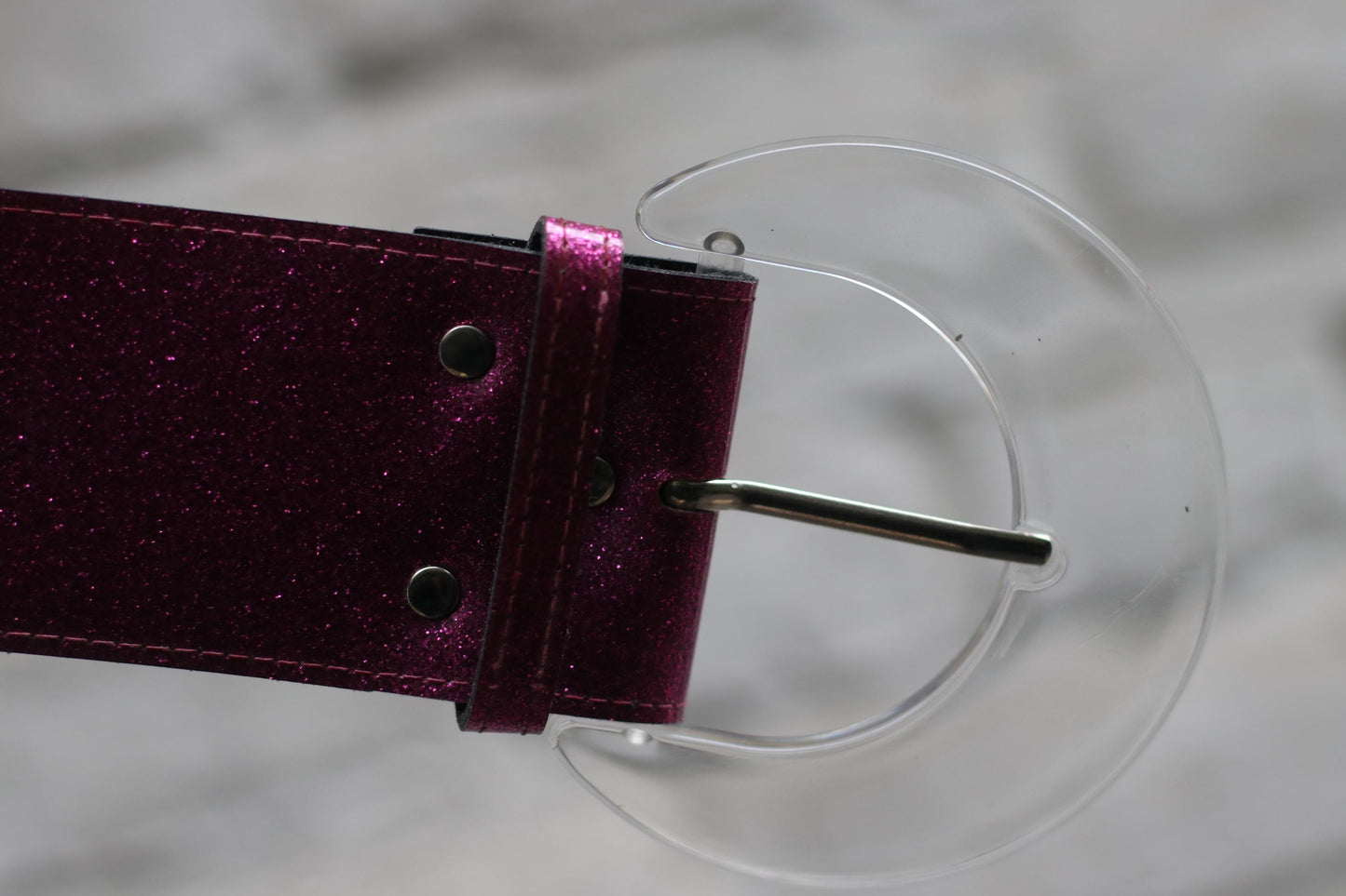 Y2K Magenta Glitter Belt, Wide Black Leather, Clear Half-Moon Buckle, Early 2000s Statement Accessory, Party Festival