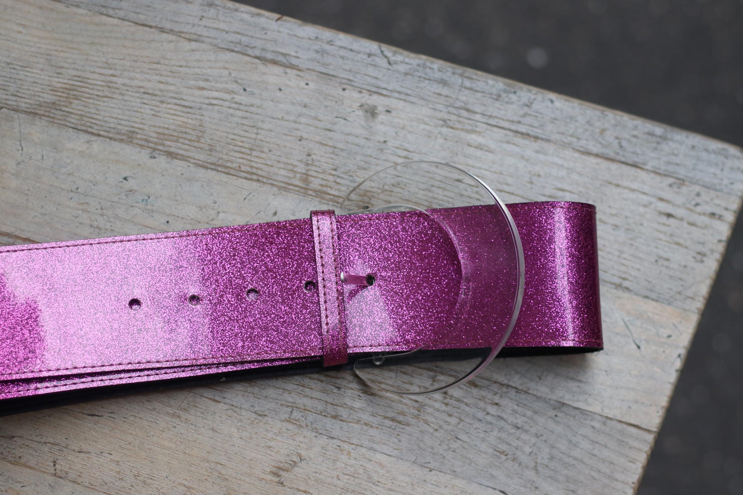 Y2K Magenta Glitter Belt, Wide Black Leather, Clear Half-Moon Buckle, Early 2000s Statement Accessory, Party Festival