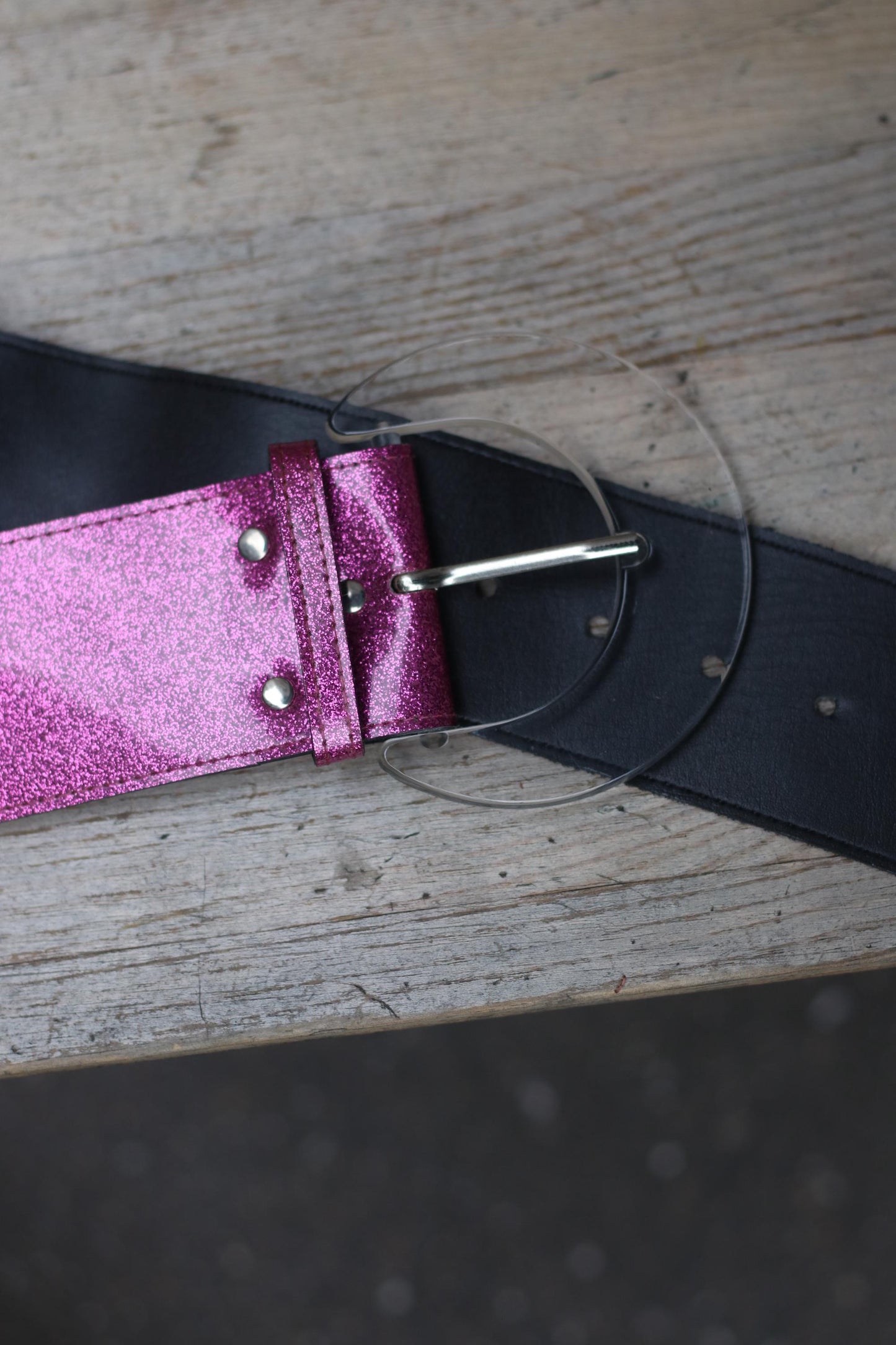 Y2K Magenta Glitter Belt, Wide Black Leather, Clear Half-Moon Buckle, Early 2000s Statement Accessory, Party Festival