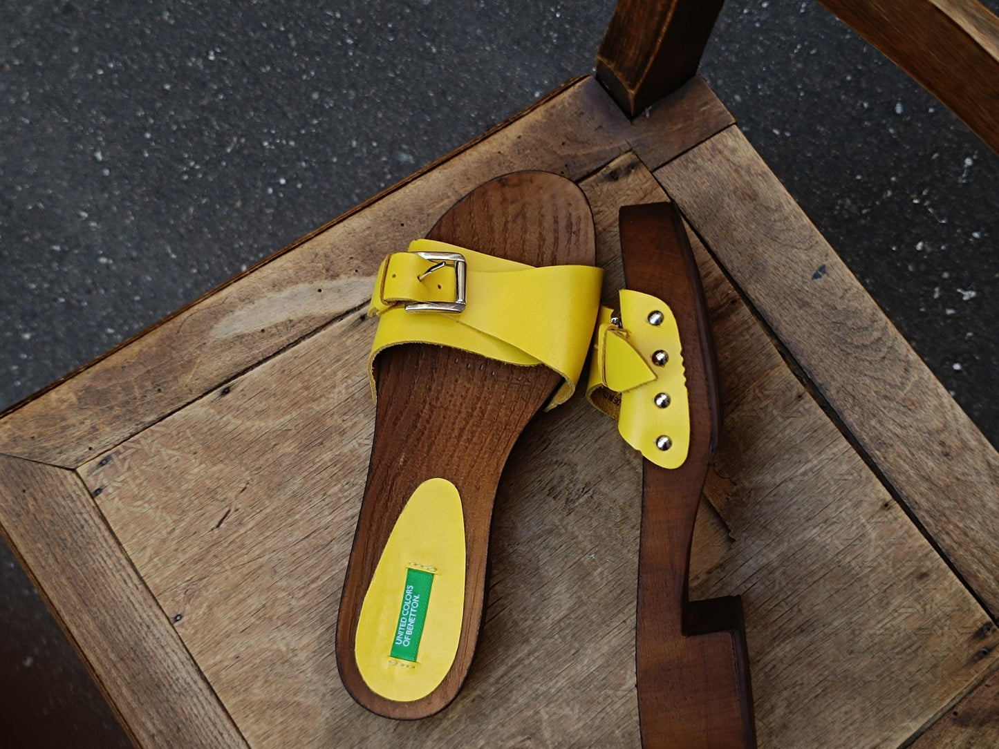 Y2K Benetton Leather Clogs: Vintage Yellow Platform Sandals EU38