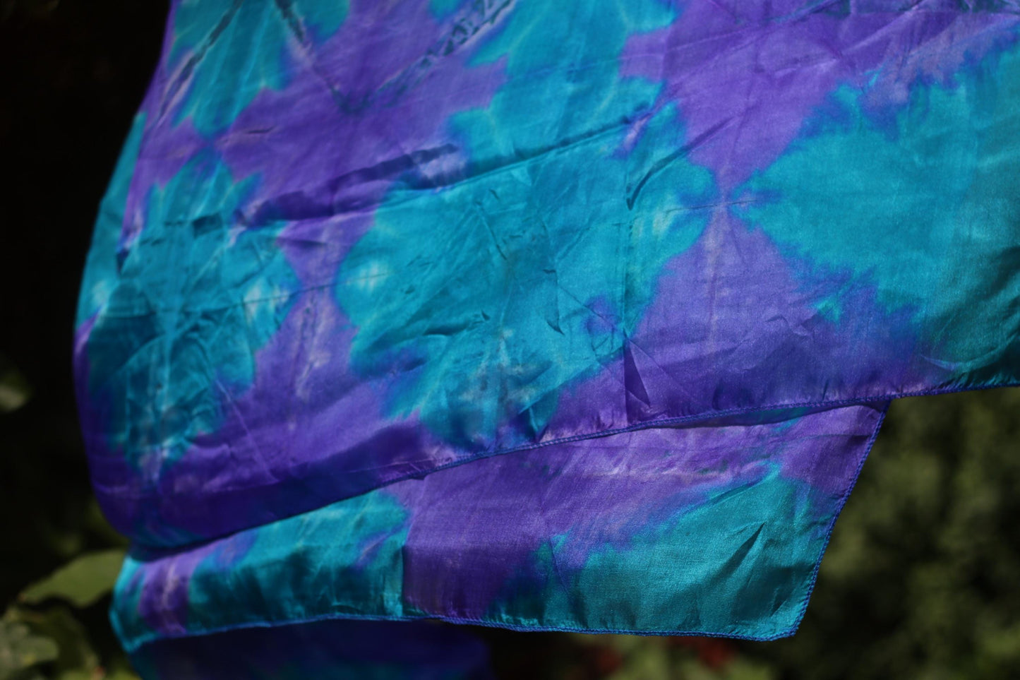 Vintage Tie-Dye Silk Scarf | Boho Blue Purple Ombre Foulard | Hand-Dyed Lightweight Wrap | 80s 90s Bohemian Neck Accessory
