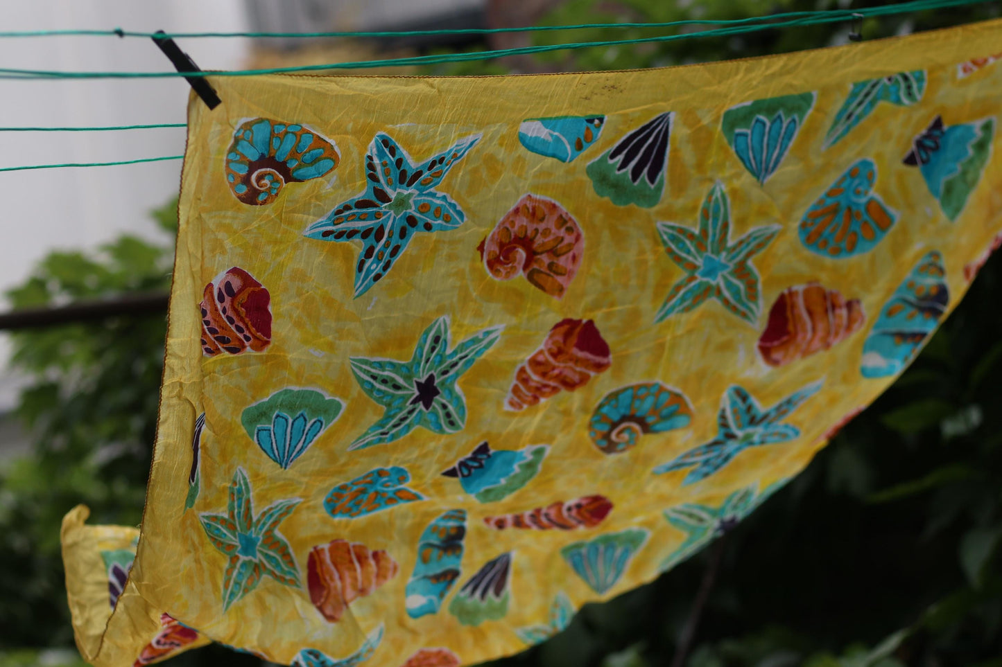 Vintage Silk Seashell Scarf | Yellow Ocean Print Foulard | Coastal Resort Wear | Lightweight Summer Beach Accessory