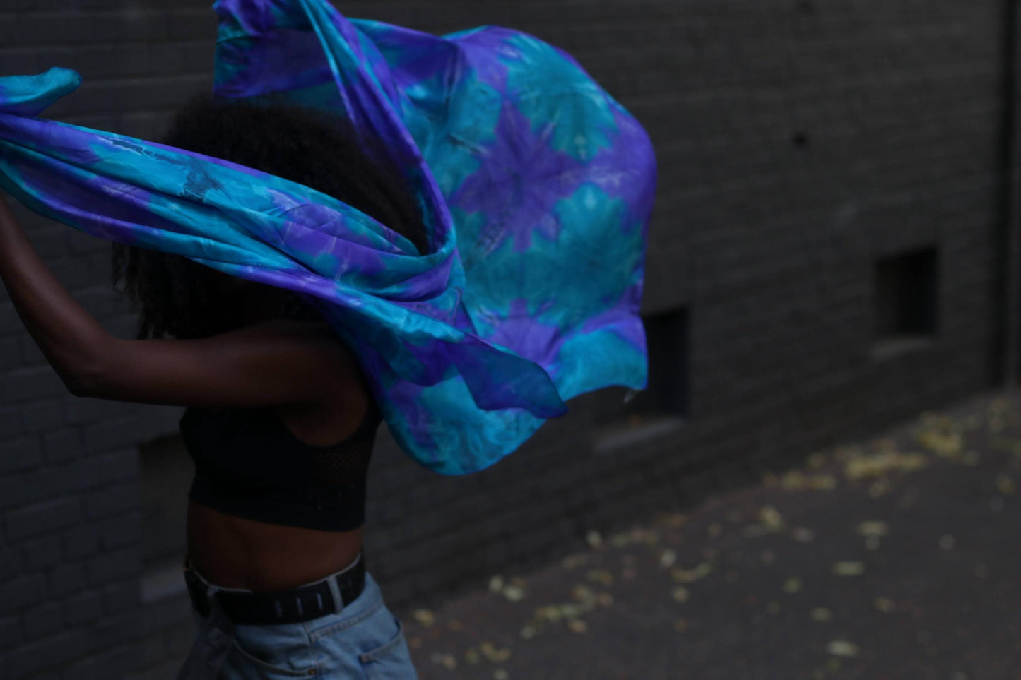 Vintage Tie-Dye Silk Scarf | Boho Blue Purple Ombre Foulard | Hand-Dyed Lightweight Wrap | 80s 90s Bohemian Neck Accessory