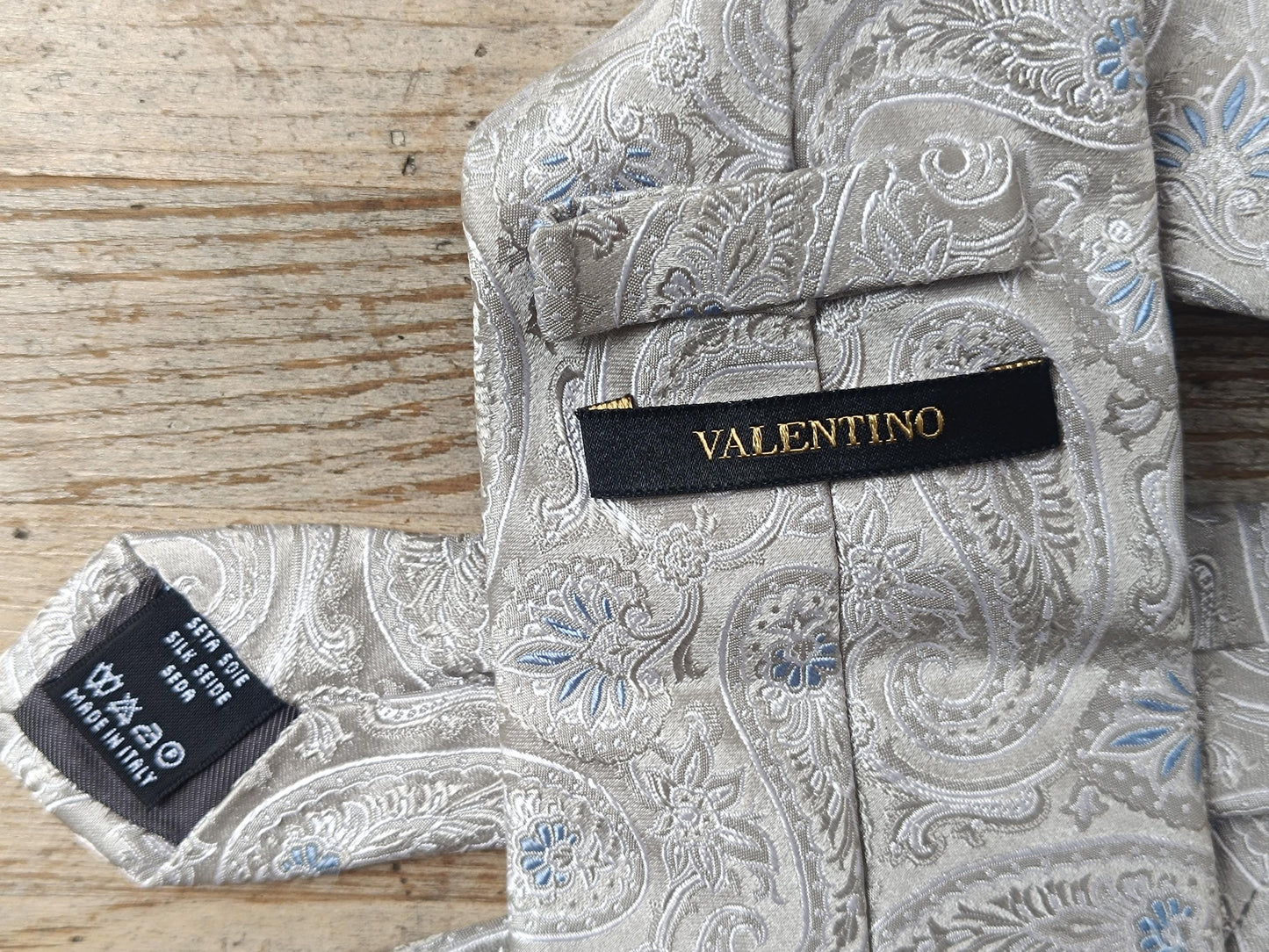 Vintage Valentino Tie | Silk Paisley Grey Blue | Designer Necktie Mens Formal Classic Gift