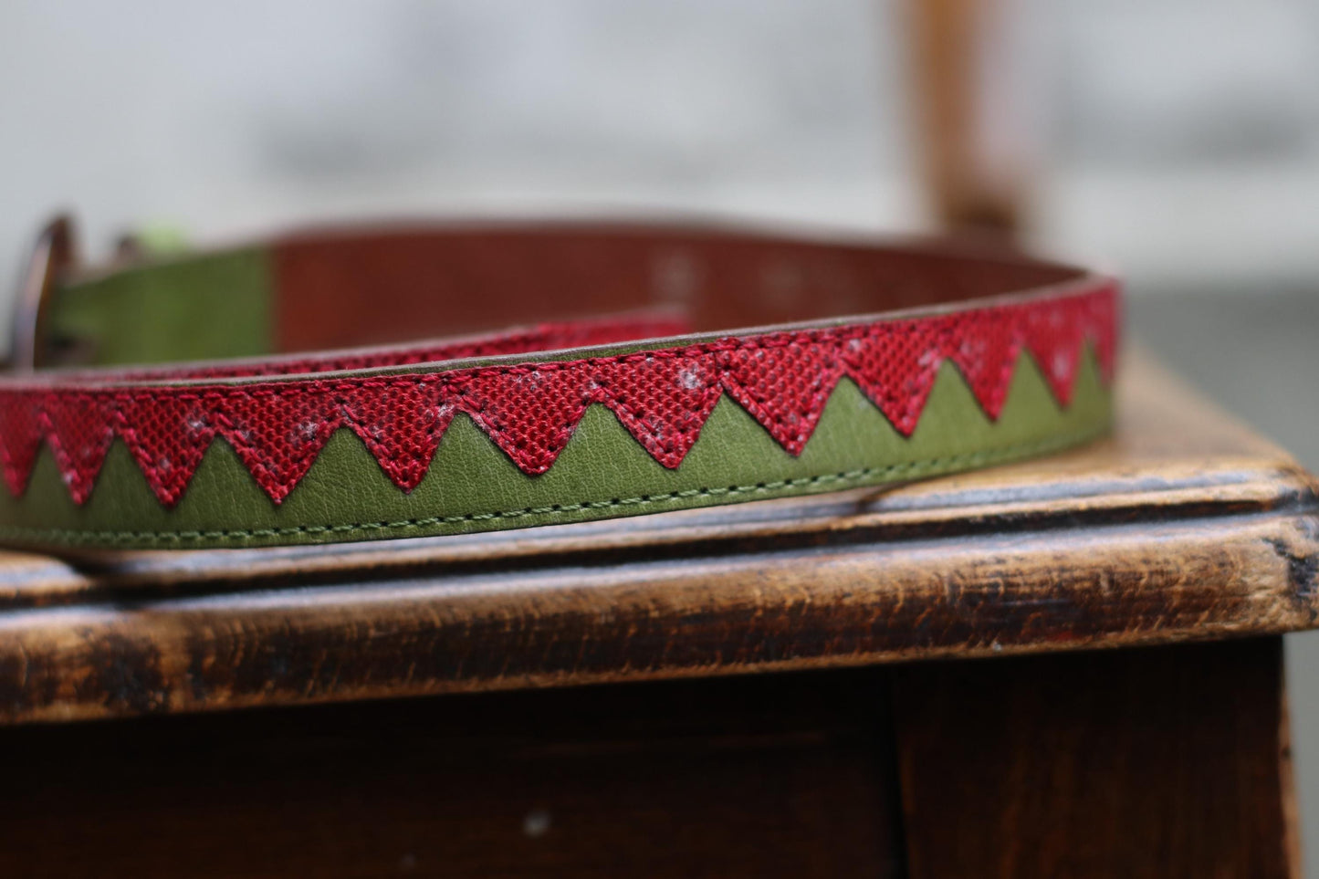 Vintage Red Green Chevron Leather Belt | Tortoiseshell Buckle | Bold Graphic Waist Belt | Unique Statement Accessory