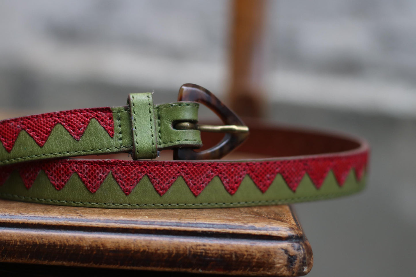 Vintage Red Green Chevron Leather Belt | Tortoiseshell Buckle | Bold Graphic Waist Belt | Unique Statement Accessory