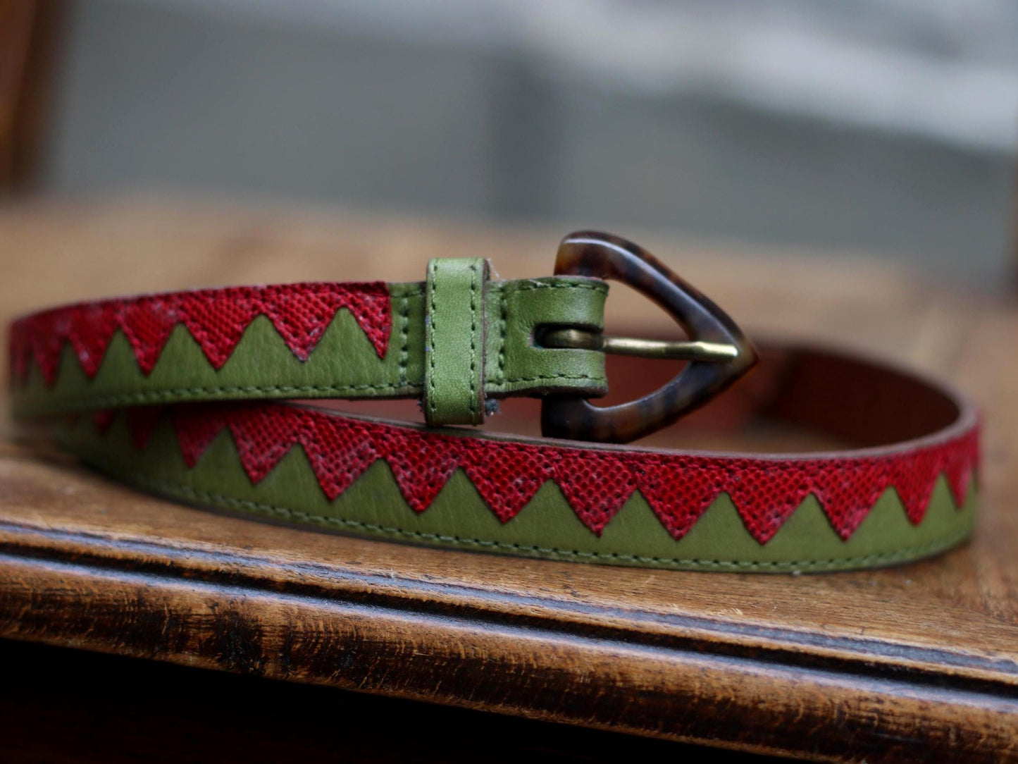 Vintage red and green chevron leather belt with tortoiseshell buckle