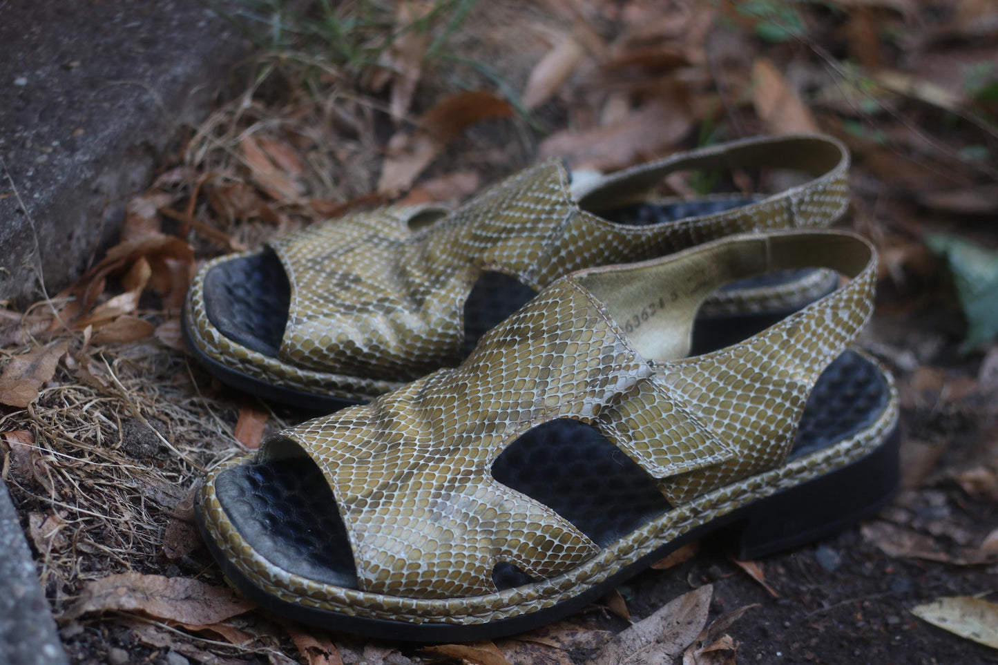 Vintage Leather Sandals: Faux Snakeskin, Velcro Strap - Boho Summer