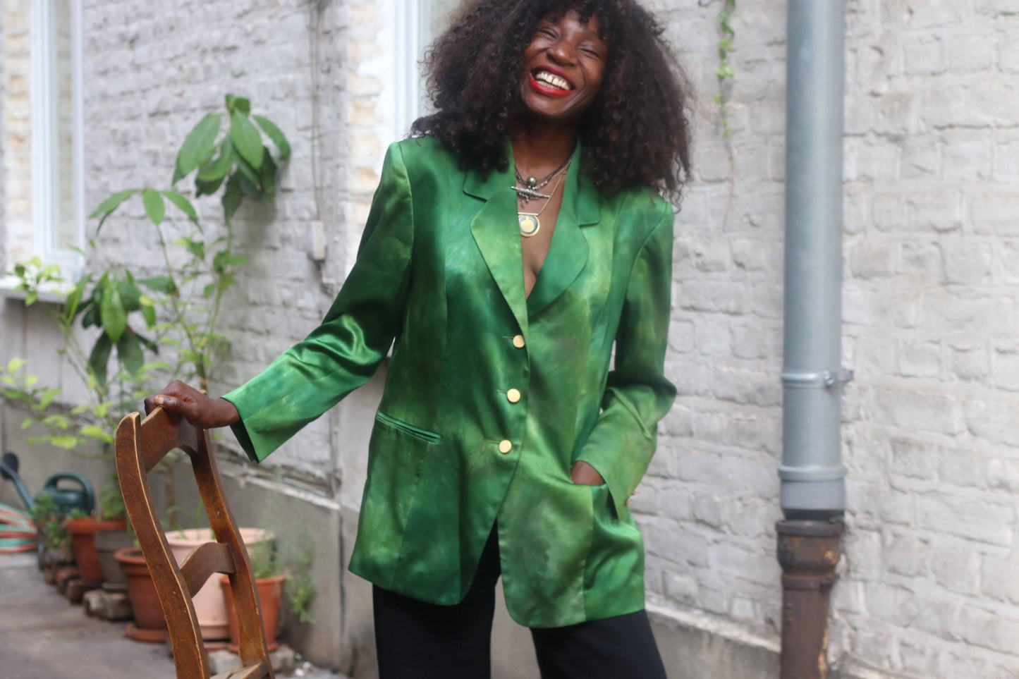 Vintage Green Silk Blazer Women’s Size M – 100% Silk Double Breasted Jacket – Emerald Tie Dye Blazer – Bold Power Suit 90s Statement