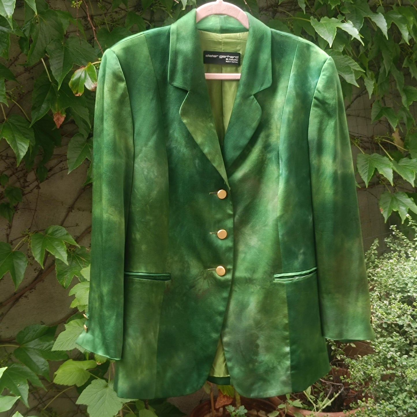 Vintage Green Silk Blazer Women’s Size M – 100% Silk Double Breasted Jacket – Emerald Tie Dye Blazer – Bold Power Suit 90s Statement